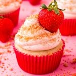 Close up photo of Strawberry Shortcake Cupcakes on a pink surface.