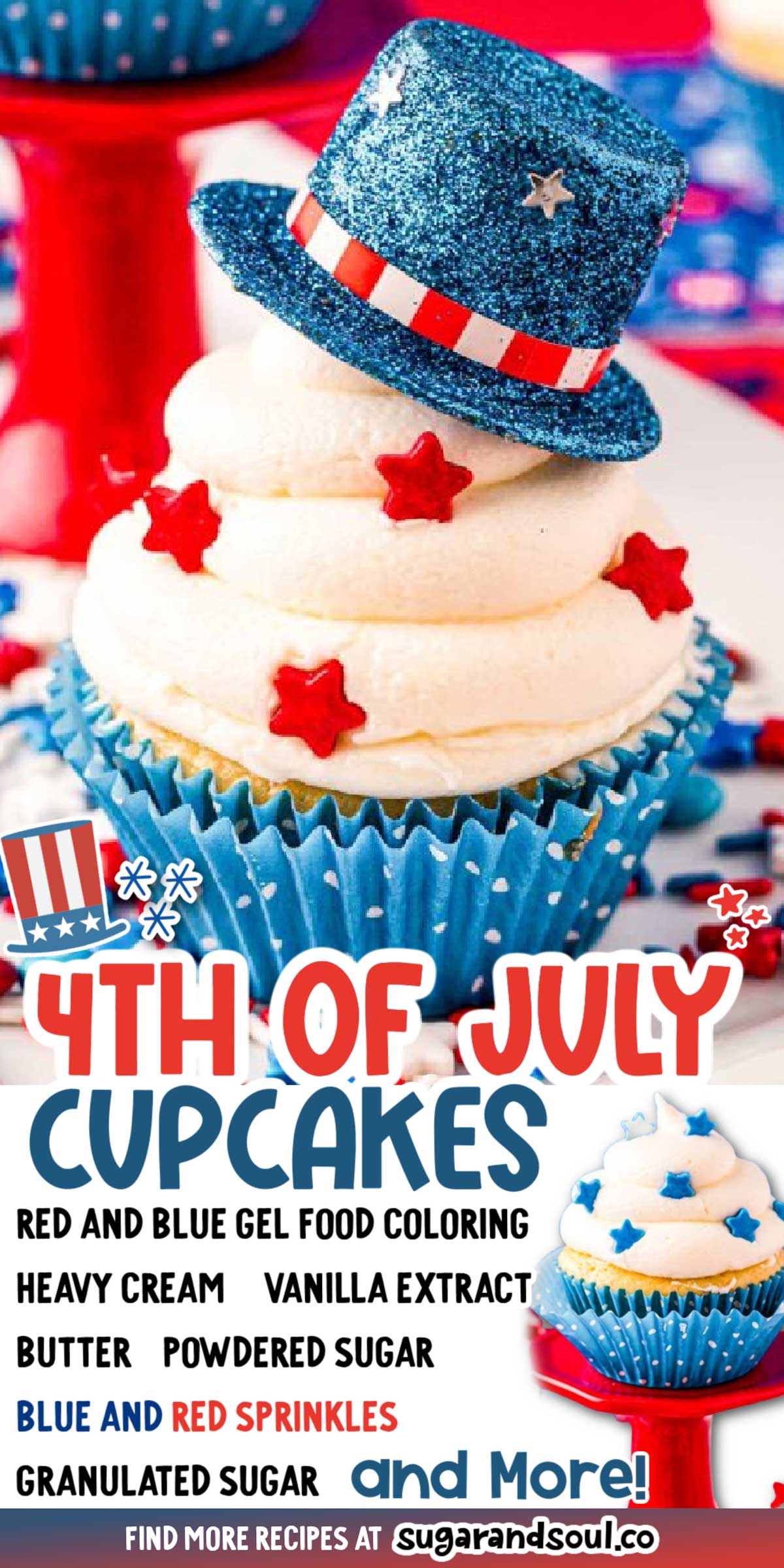 4th of July Cupcakes are deliciously light and fluffy with a patriotic candy filling and then topped with a smooth buttercream frosting! Made with a doctored-up boxed cake mix! via @sugarandsoulco