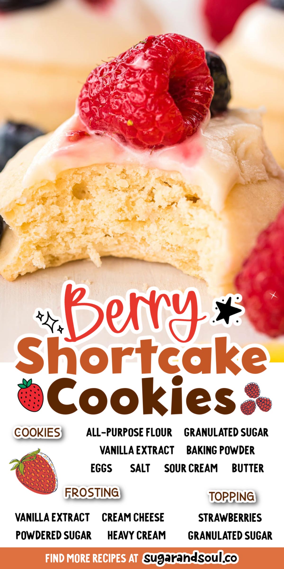 Berry Shortcake Cookies have a soft, tender cookie that's topped with silky cream cheese frosting and macerated berries! Prep two dozen cookies in just 30 minutes! via @sugarandsoulco