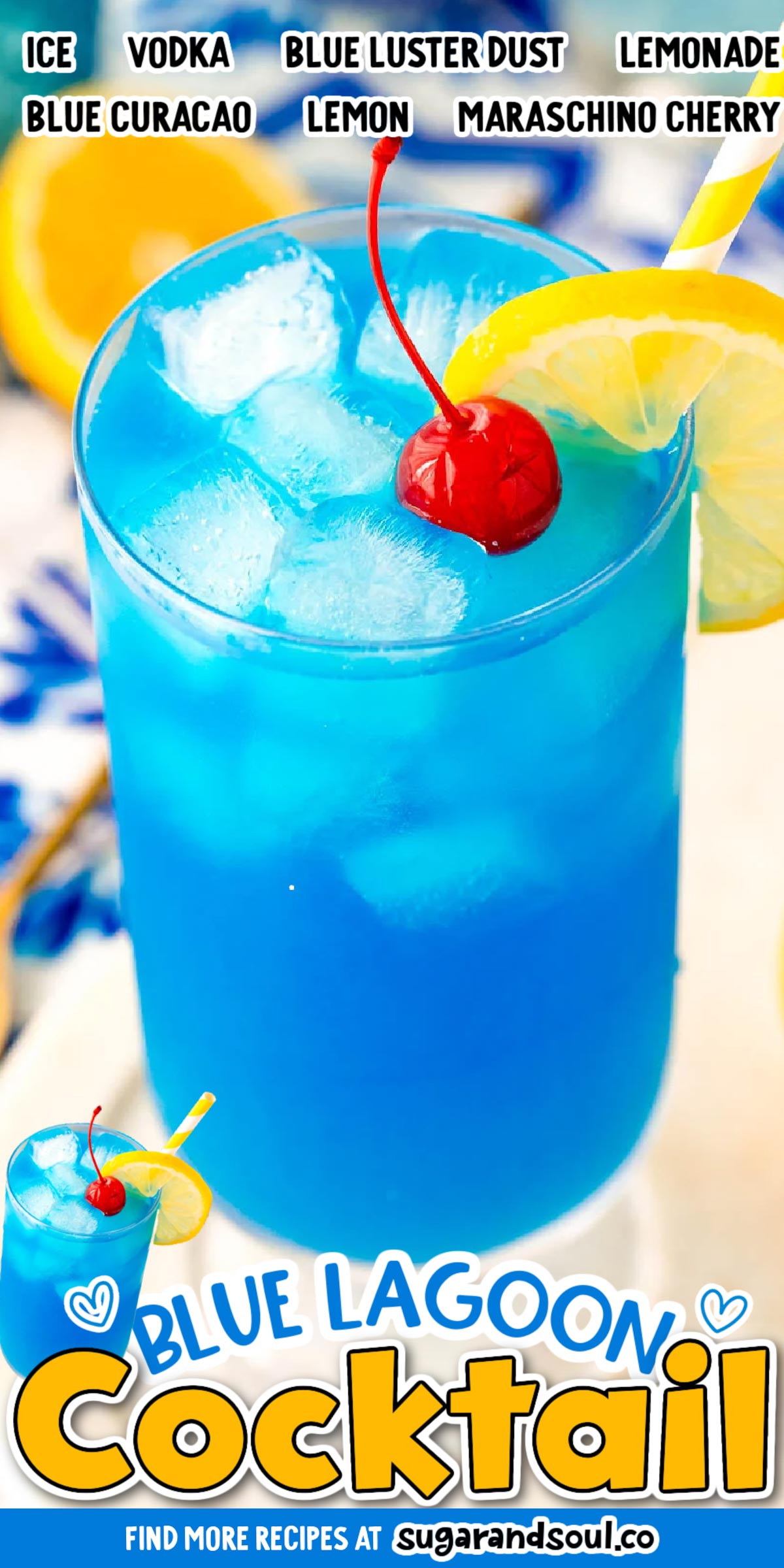 Blue Lagoon Cocktail is a sweet, bright blue drink that's made with 3 ingredients before being dressed up with garnishes and luster dust! A fun and simple drink that's great for sipping poolside! via @sugarandsoulco