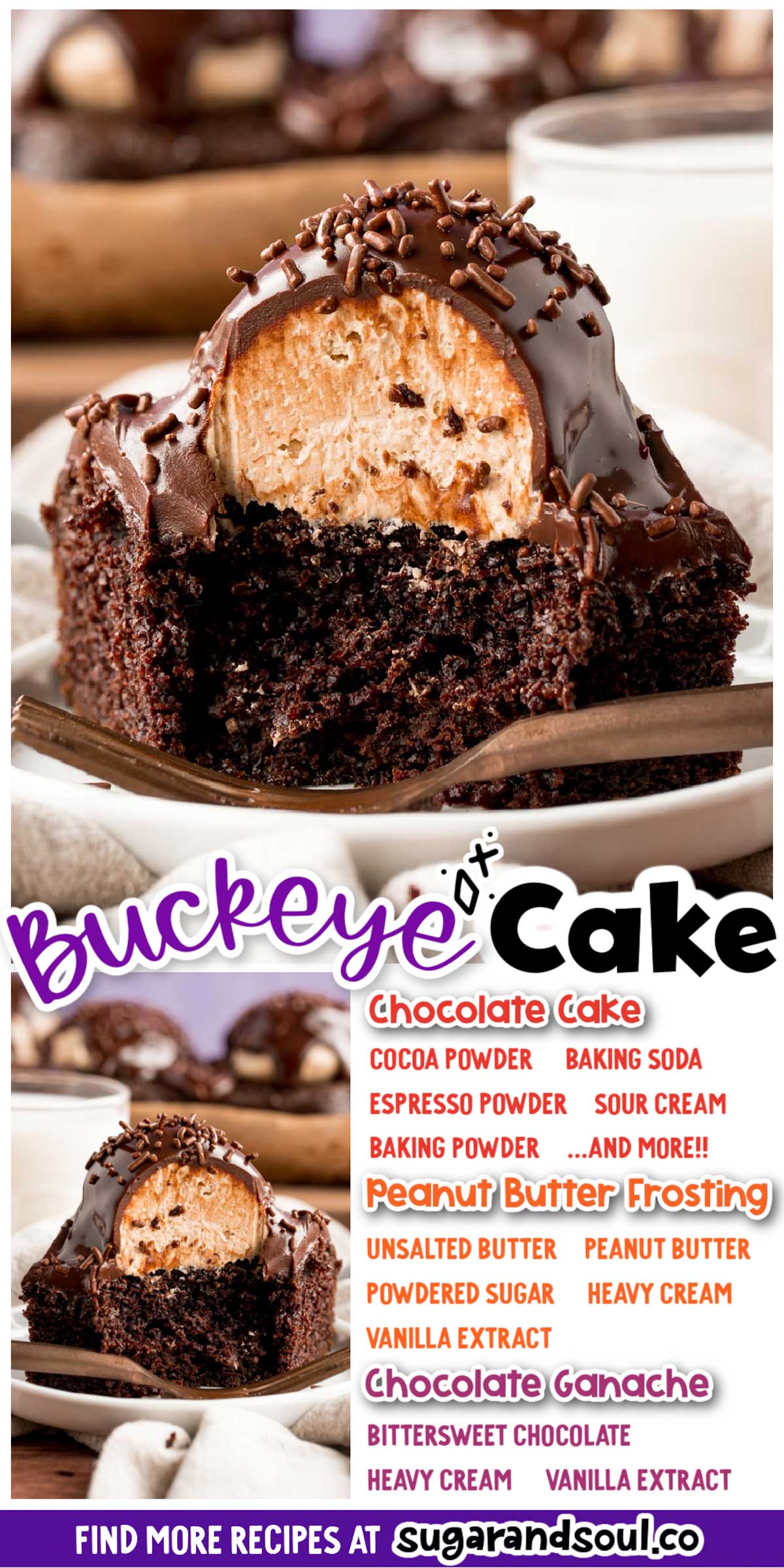 Buckeye Cake is a rich, decadent dessert that has homemade chocolate cake with mounds of peanut butter frosting on top with a layer of ganache! Serves a crowd yet only calls for 30 minutes of prep time! via @sugarandsoulco