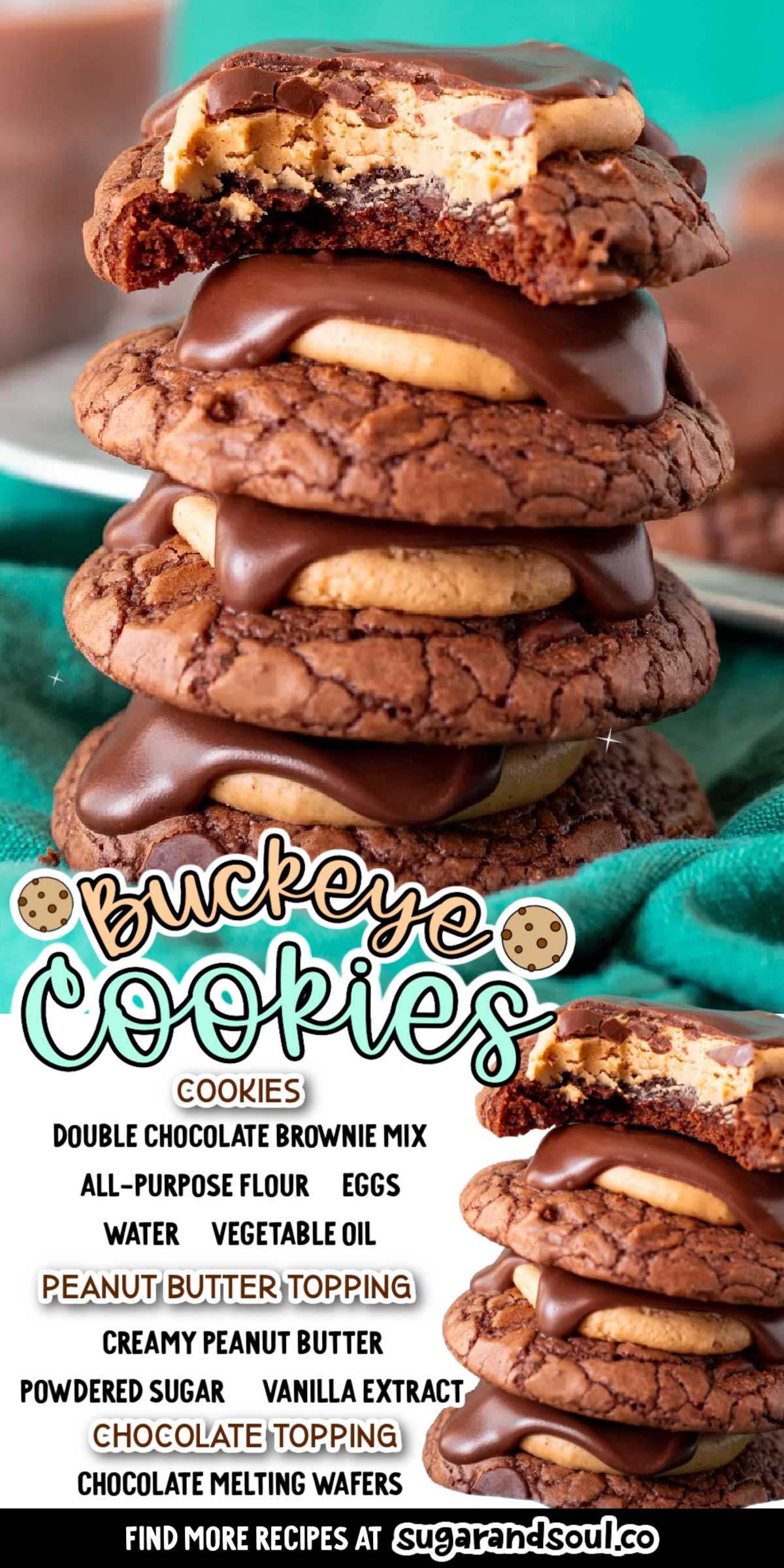 Buckeye Cookies have a boxed brownie cookie base that's covered in a peanut butter topping before being finished off with melted chocolate! Whip up over two dozen cookies in under 30 minutes! via @sugarandsoulco