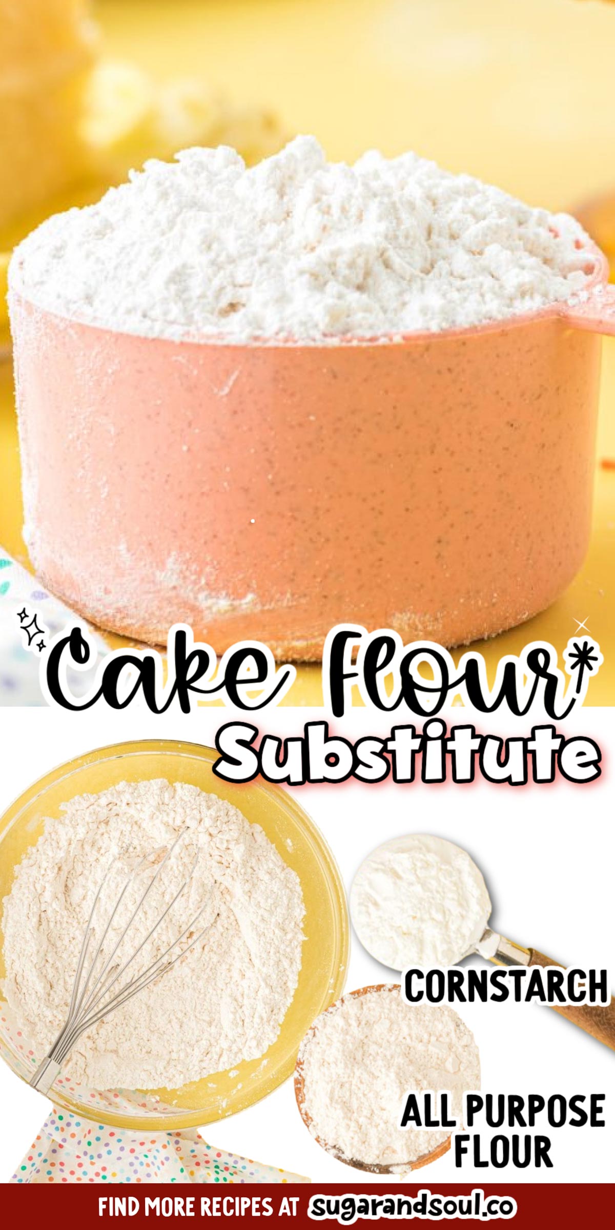 This Cake Flour Substitute is a quick and easy kitchen hack that allows you to make your favorite treats anytime you want them! Made with only 2 ingredients in just 5 minutes or less! via @sugarandsoulco