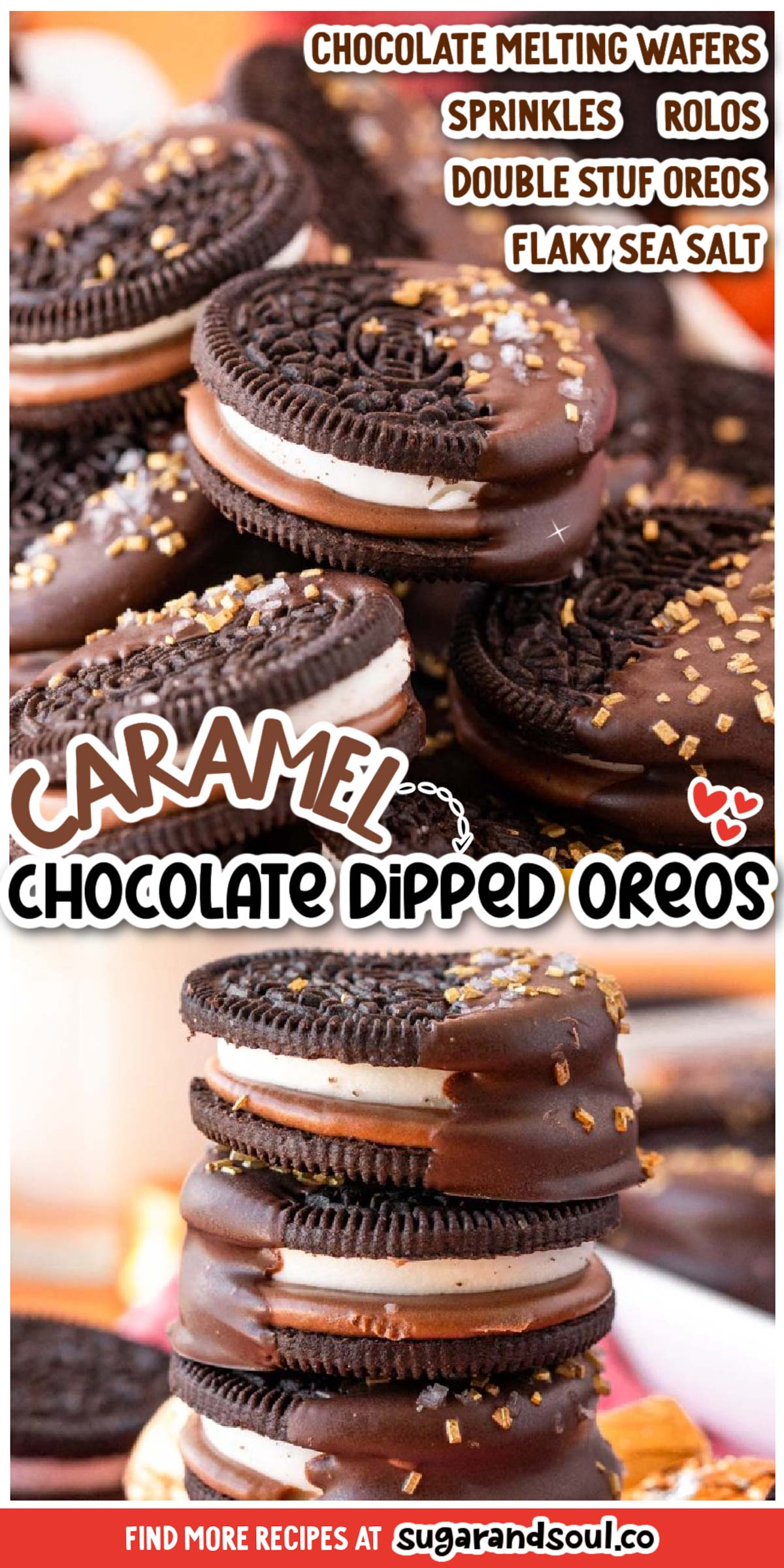 Caramel Chocolate Dipped Oreos also known as Oreo Sugar Bombs, pair a melted Rolo with the cream filled center before dipping the cookie in sweet melted chocolate! An easy-to-make recipe that serves up two dozen delicious treats! via @sugarandsoulco