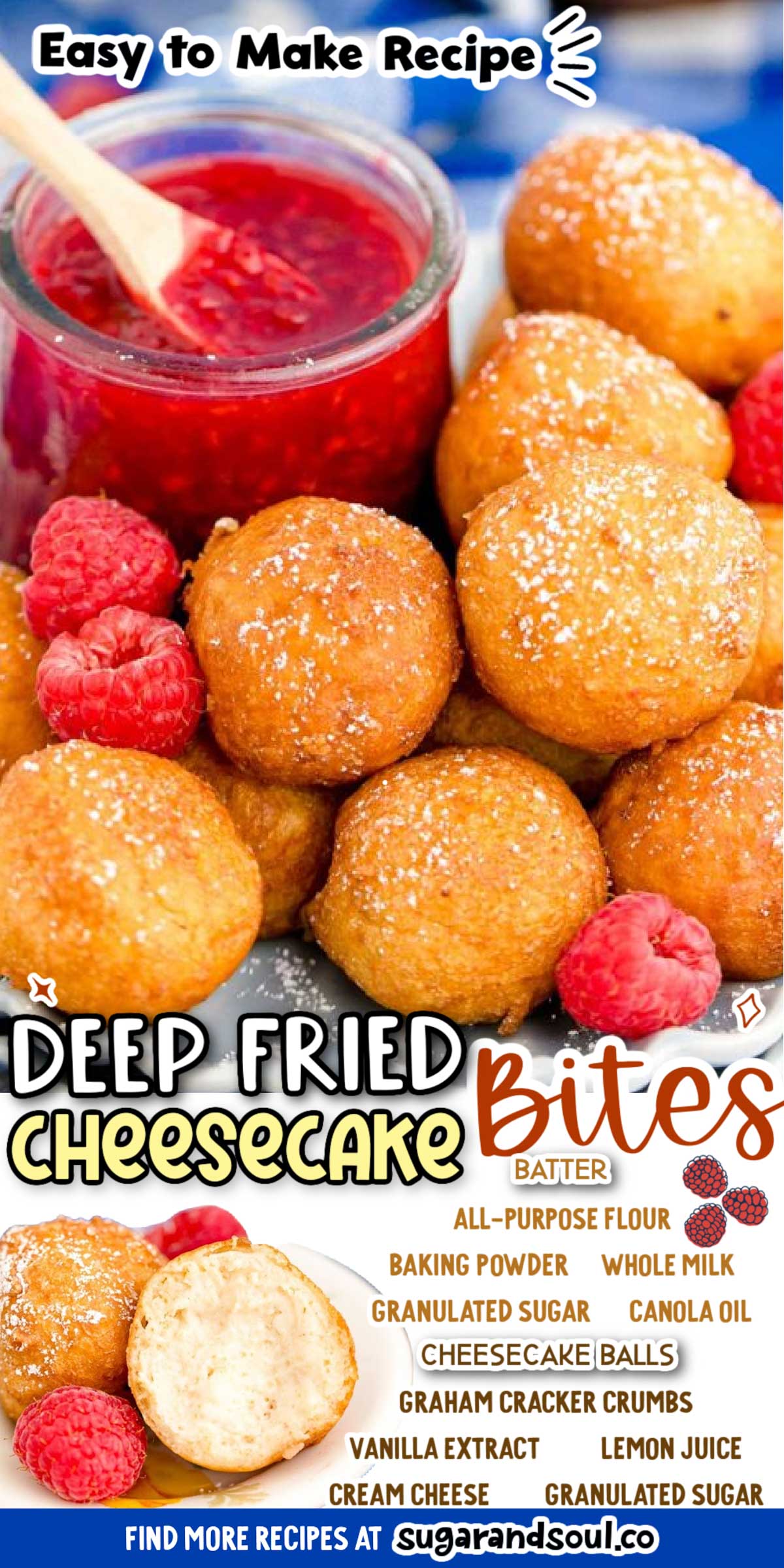 Deep Fried Cheesecake Bites have a creamy, 5 ingredient filling that's coated in an easy-to-make batter and then deep-fried to golden brown perfection! Prep this delicious treat in just 15 minutes! via @sugarandsoulco