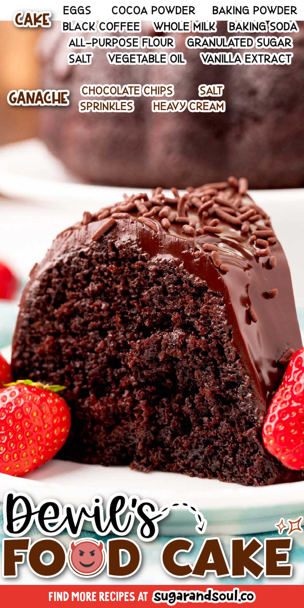 Nana's Devil's Food Cake is a Dark Chocolate Bundt Cake that's tender, rich, and super indulgent, thanks to the chocolate ganache topping! Made with easy ingredients and just 10 minutes of prep! via @sugarandsoulco