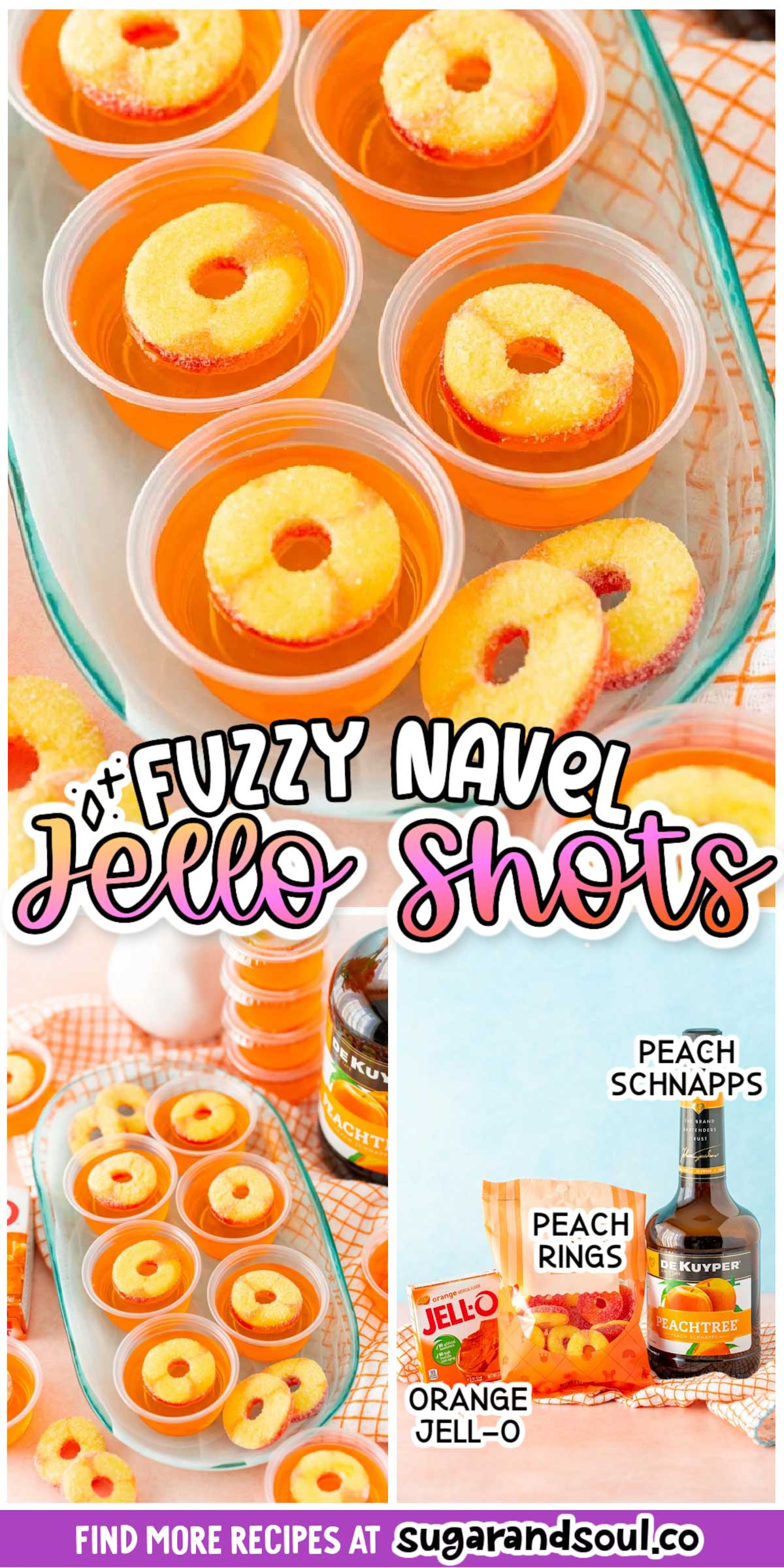 Fuzzy Navel Jello Shots are a fruity, sweet way to enjoy the popular cocktail in Jell-O form, making it the perfect boozy treat to share! Requires less than 10 minutes of hands-on time to prepare a dozen shots! via @sugarandsoulco