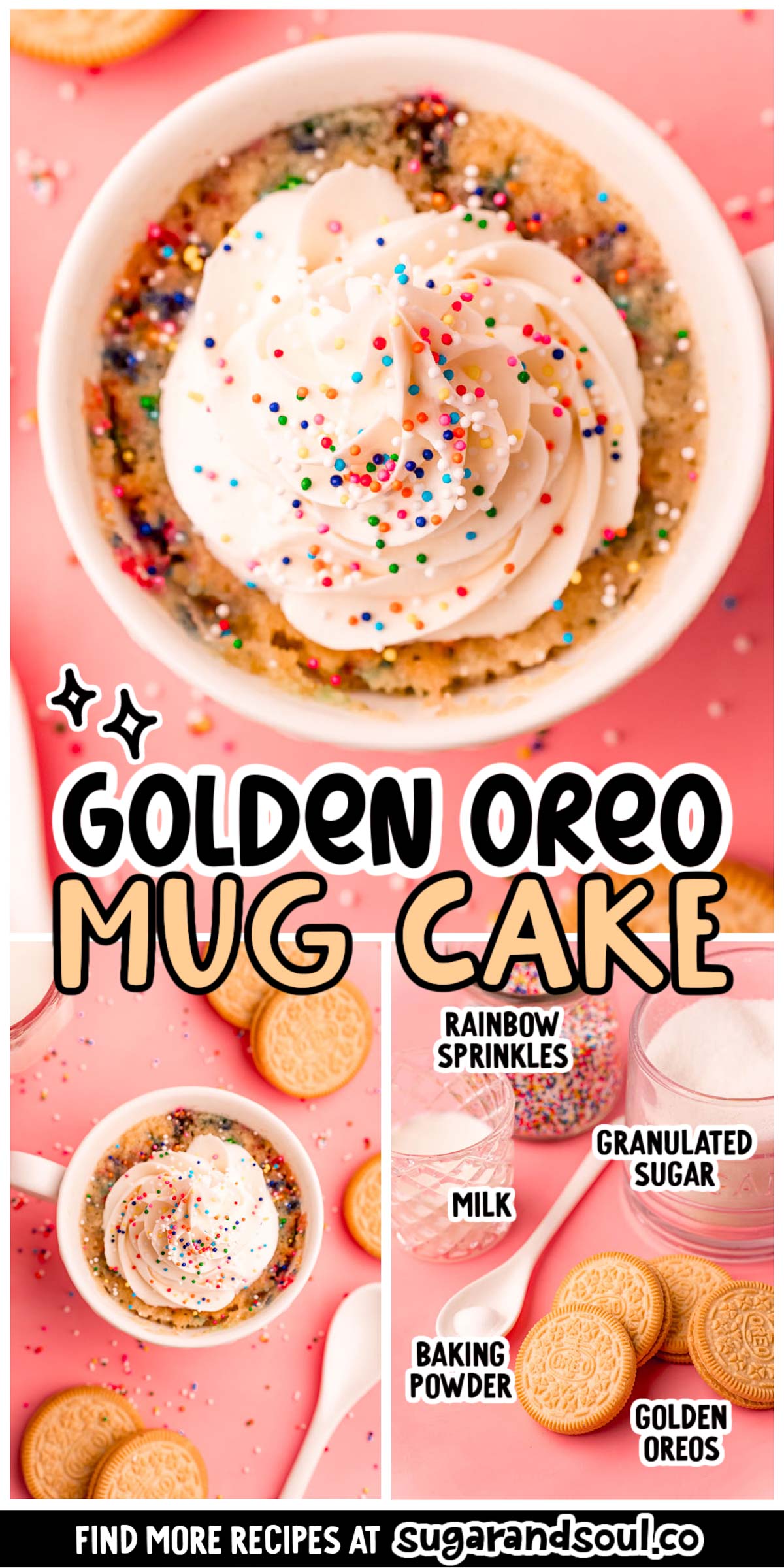 This Funfetti Mug Cake is a single-serving treat made right in the microwave using Golden Oreo cookies and 4 other easy ingredients and ready in just 5 minutes! via @sugarandsoulco