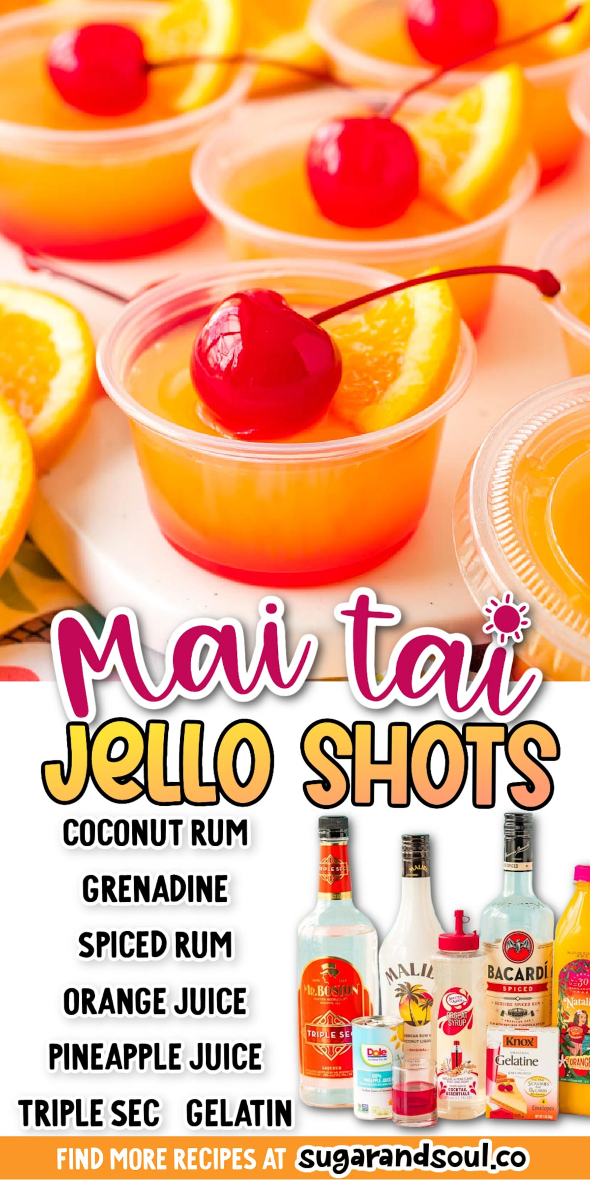 Mai Tai Jello Shots takes all the classic Mai Tai ingredients and turns them into a fun, tasty Jello shot that's perfect for your next party! Only 10 minutes of prep time is needed to make over a dozen! via @sugarandsoulco