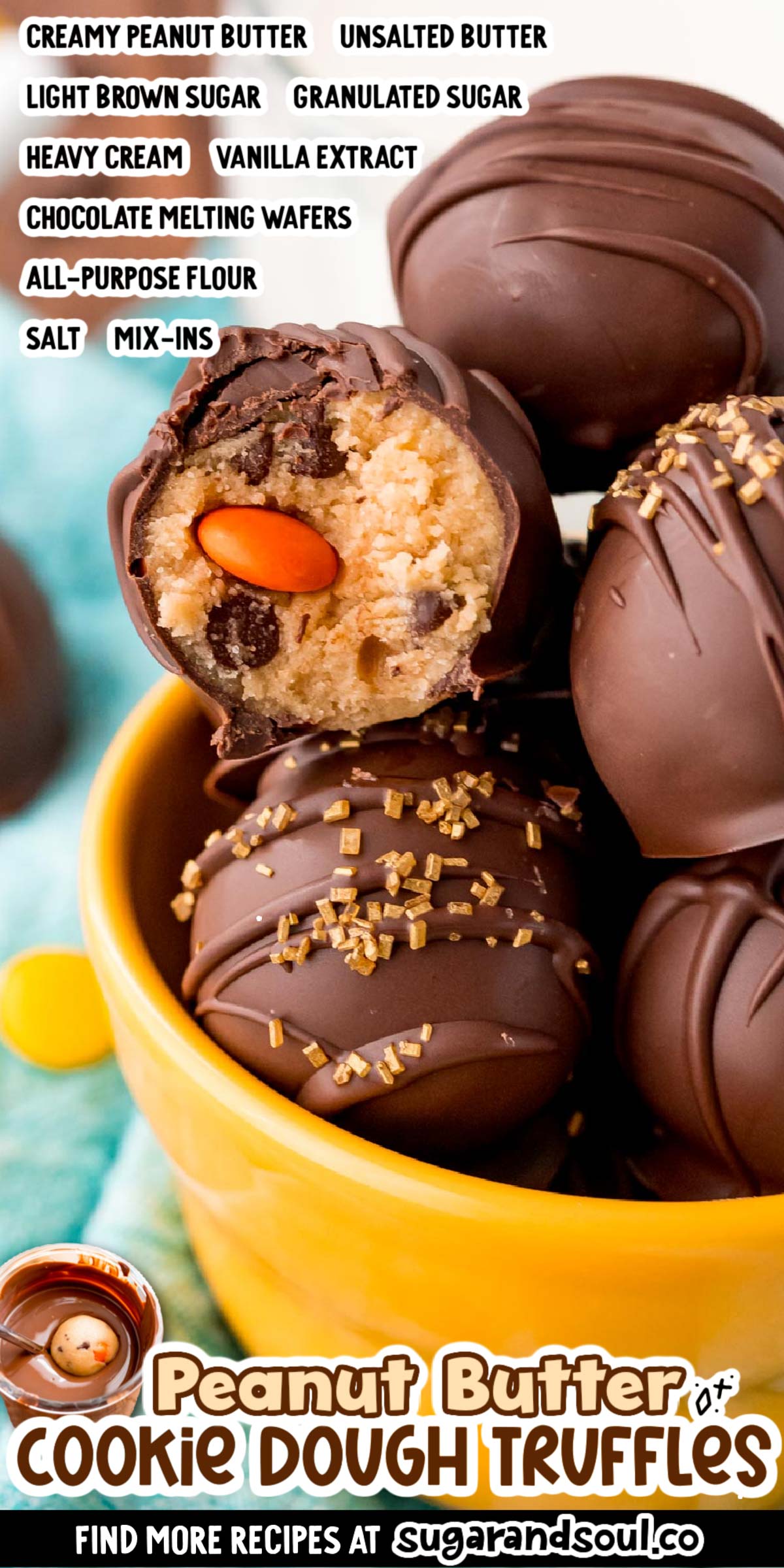 Peanut Butter Cookie Dough Truffles are a no-bake bite-sized dessert with a sweet and salty cookie dough center that's wrapped in chocolate! Takes less than 1 hour to whip up a batch! via @sugarandsoulco