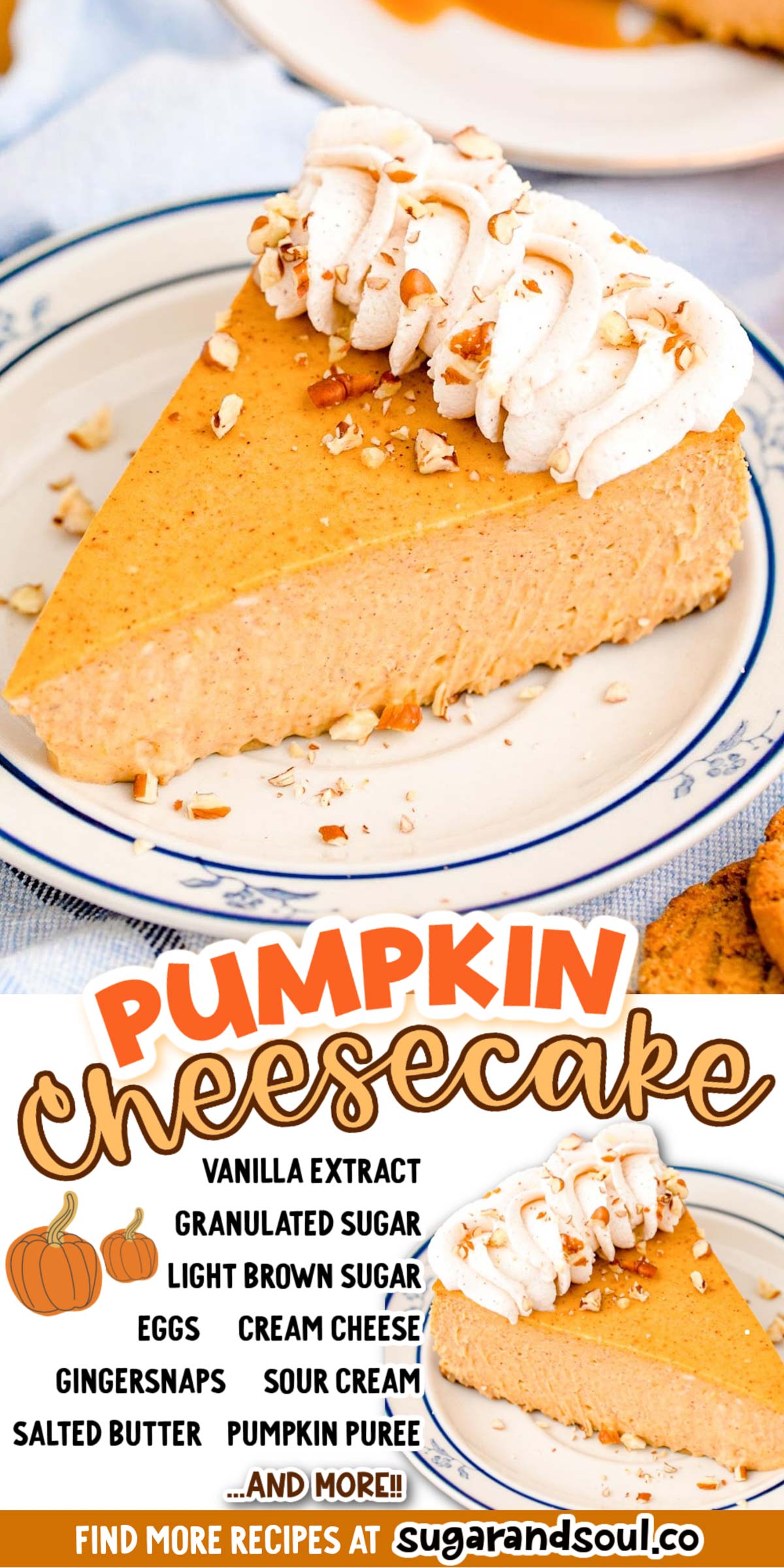 Pumpkin Cheesecake is a cozy bite of everything you love about the chilly fall season tucked into a gingersnap crust! Filled with spices like cinnamon, nutmeg, cloves, and ginger! via @sugarandsoulco