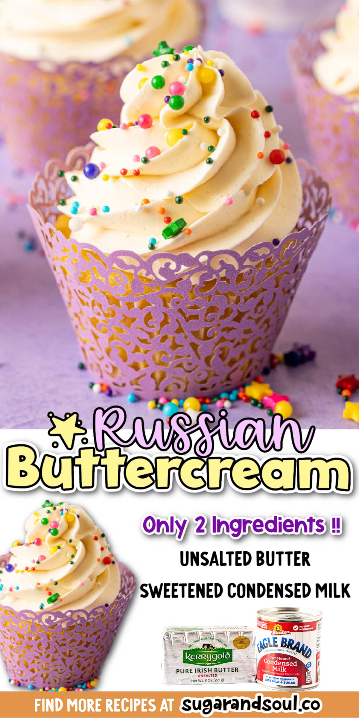 Russian Buttercream is Sweetened Condensed Milk Frosting that's silky smooth and sweet, made with only 2 ingredients in less than 10 minutes! via @sugarandsoulco
