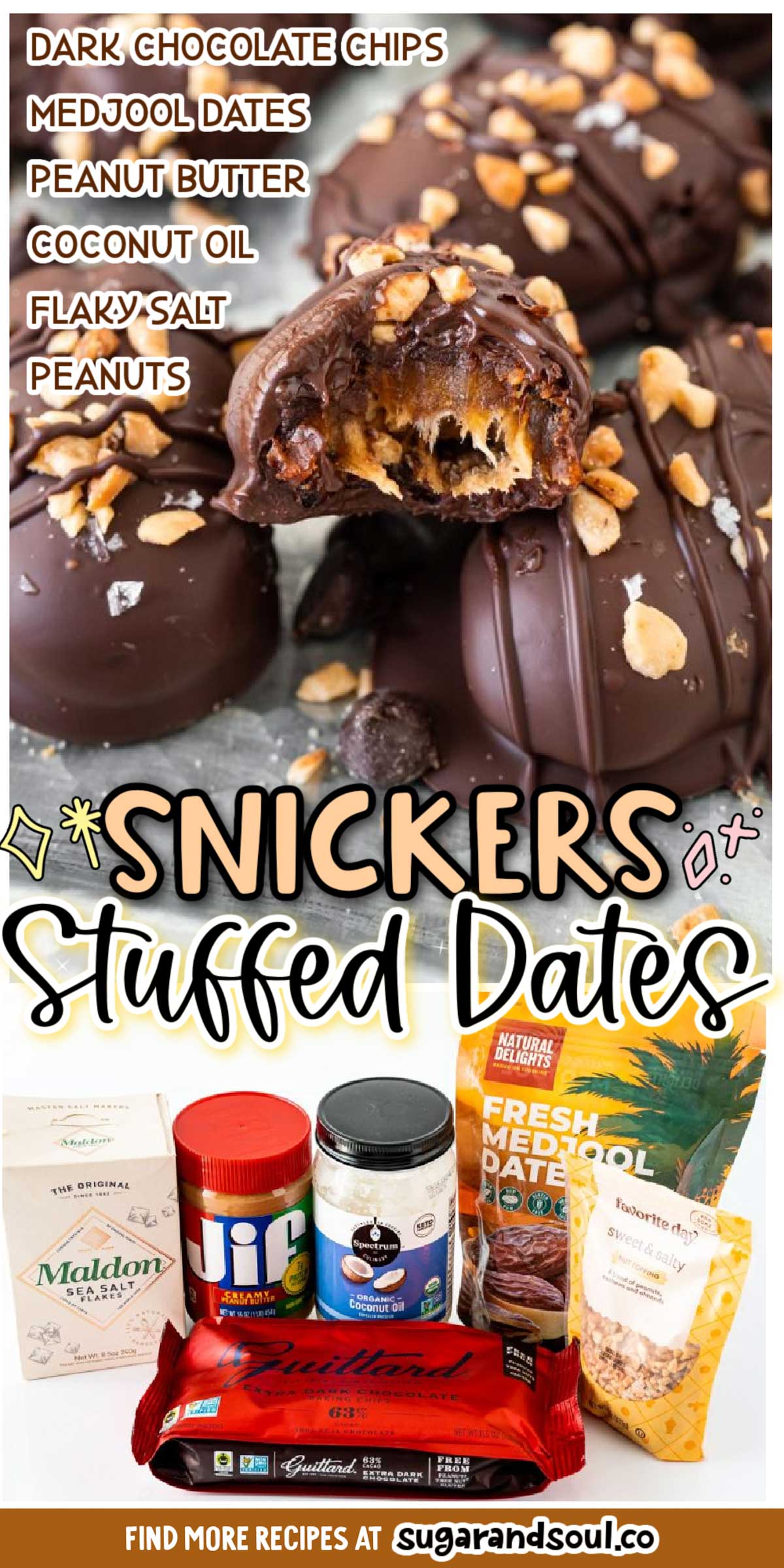 Snickers Stuffed Dates are a fun spin-off from the classic candy bar that's trending on TikTok for being a deliciously sweet yet salty treat! Make a batch in just 30 minutes! via @sugarandsoulco