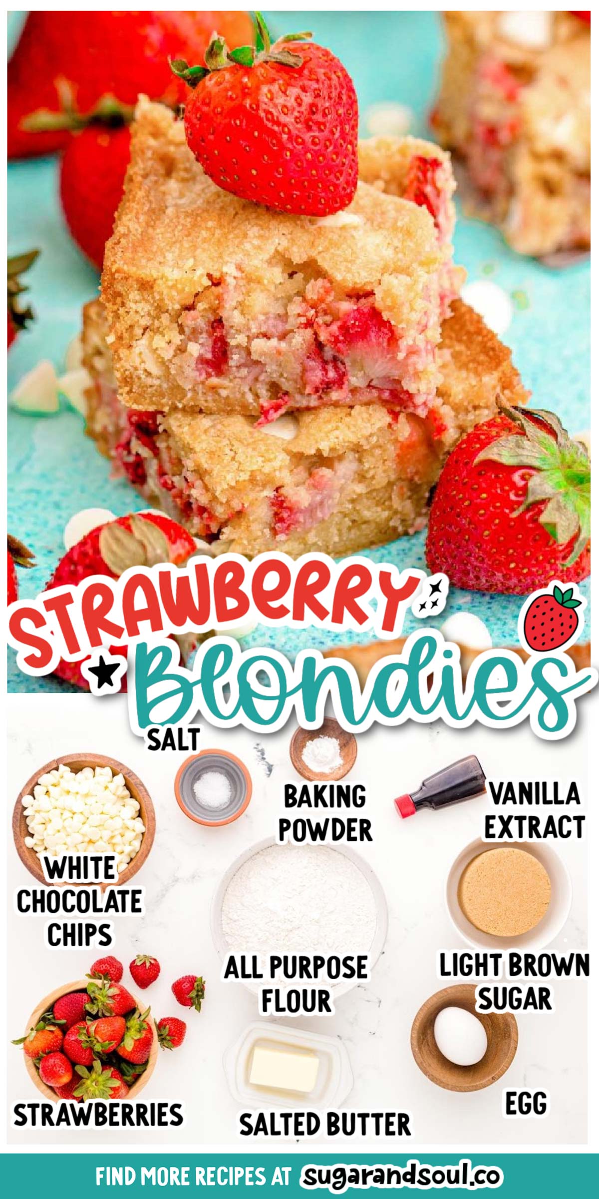 Strawberry Blondies are made with pantry staple ingredients and fresh, juicy strawberries, making them the perfect summertime dessert! An easy-to-make treat that bakes in just 25 minutes! via @sugarandsoulco