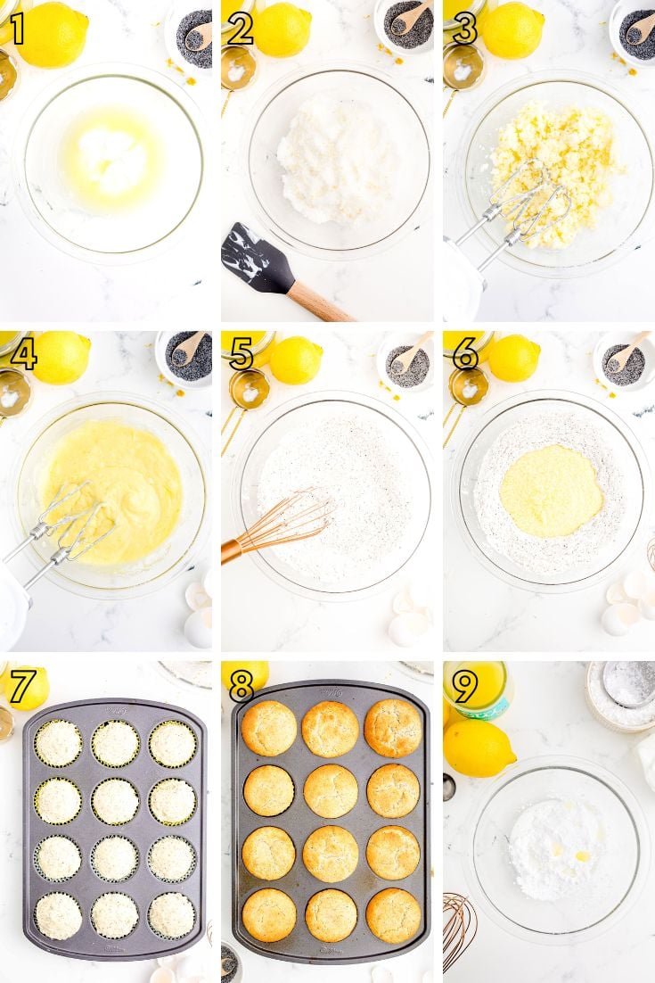 Step by step photo collage showing how to make lemon poppy seed muffins from scratch.