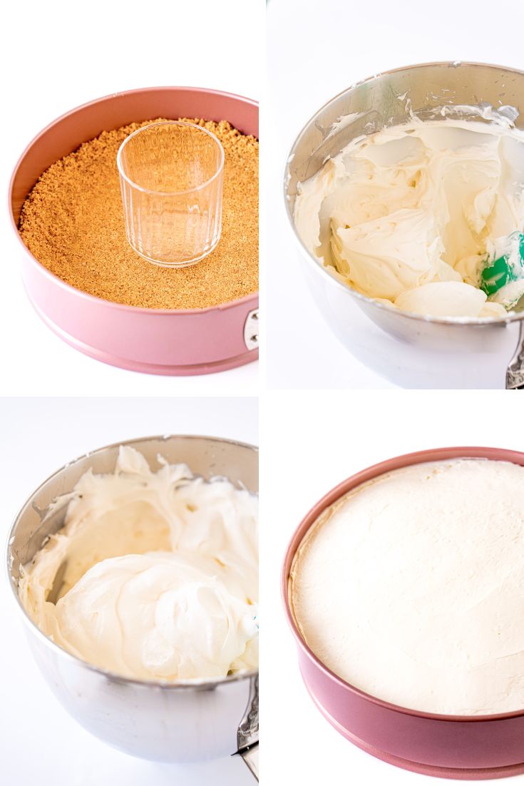 Step by step photo collage showing how to make no-bake cheesecake.
