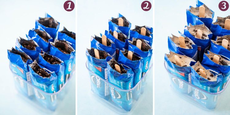 Step by step photo collage showing how to make oreo popsicles.