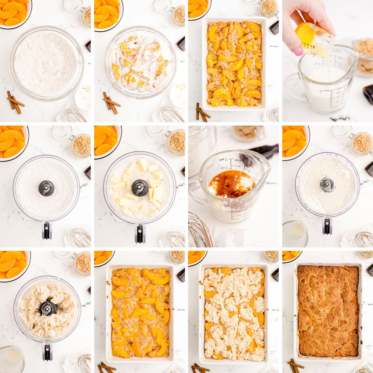 Step by step photo collage showing how to make peach cobbler with canned peaches.