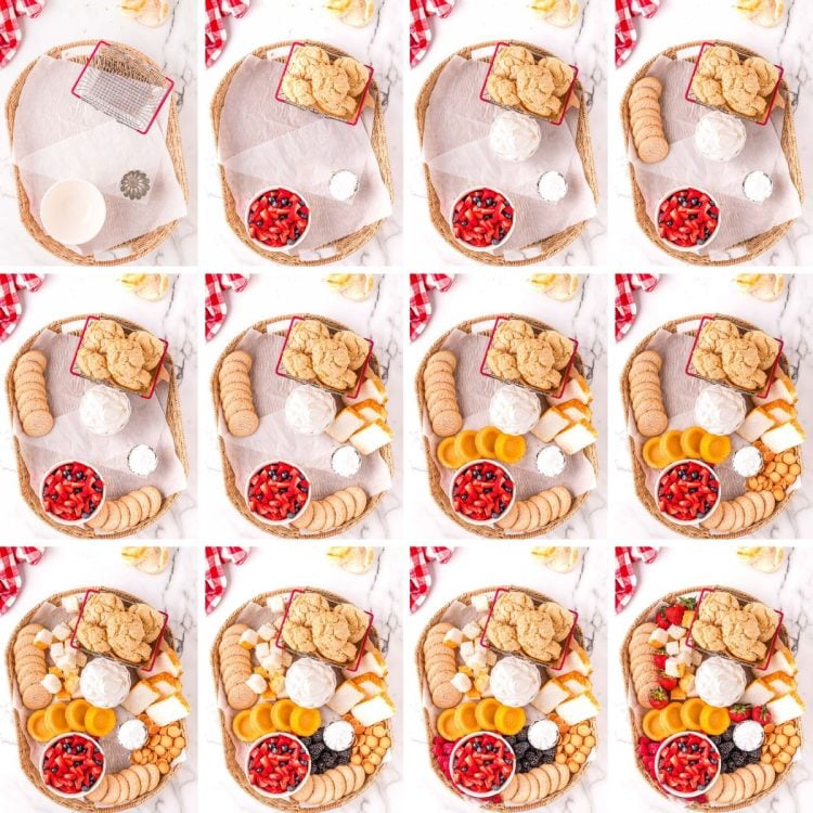 Step by step photo collage showing how to build a make your own shortcake charcuterie board.
