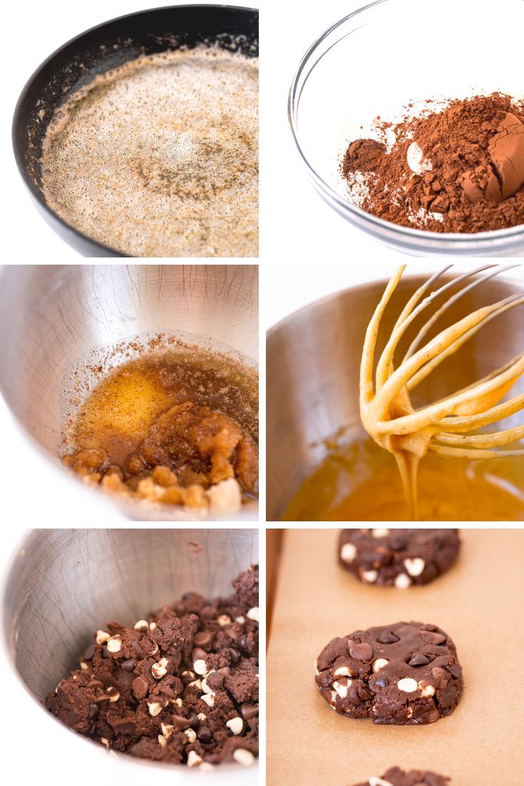 Step by step photos showing how to make triple chocolate chip cookies.