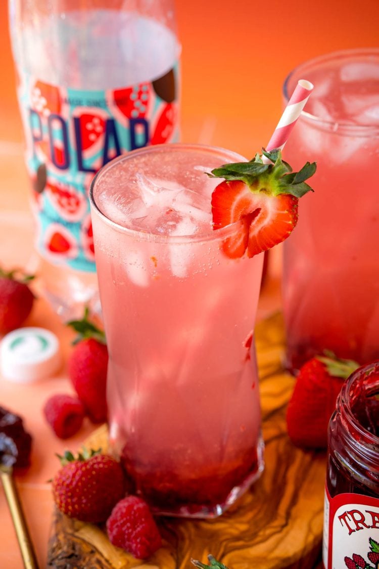 Close up photo of a jam seltzer mocktail.