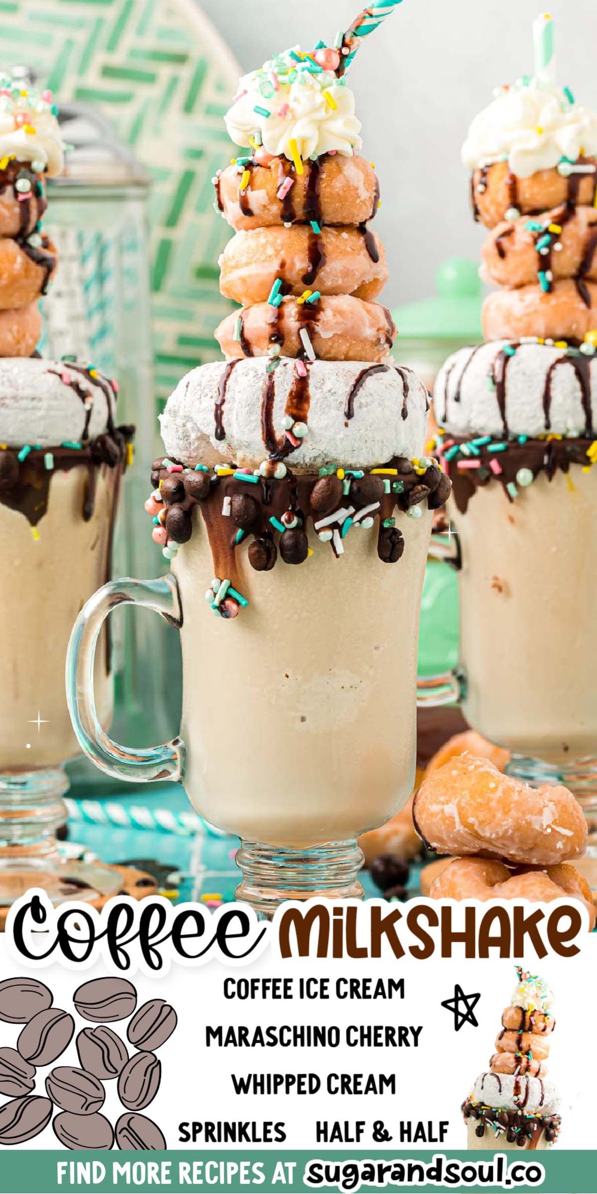 This Coffee Milkshake is a sweet, thick treat that's made with only ice cream and half & half in just 5 minutes! Garnish your shake with whipped cream, sprinkles, and even donuts to make it a freak shake! via @sugarandsoulco