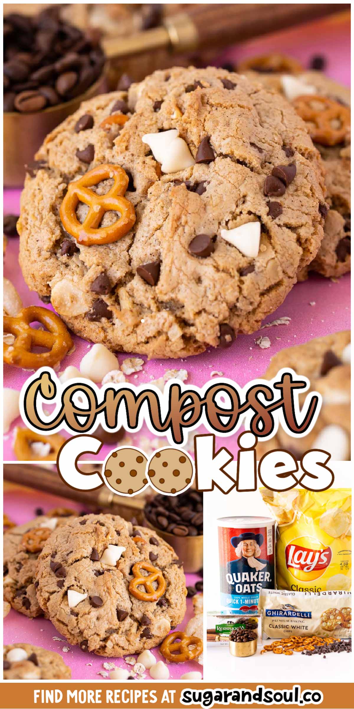 These chewy Compost Cookies are loaded with potato chips, pretzels, oats, coffee grounds, chocolate, and white chocolate chips! And YES they are better than Milk Bar! via @sugarandsoulco
