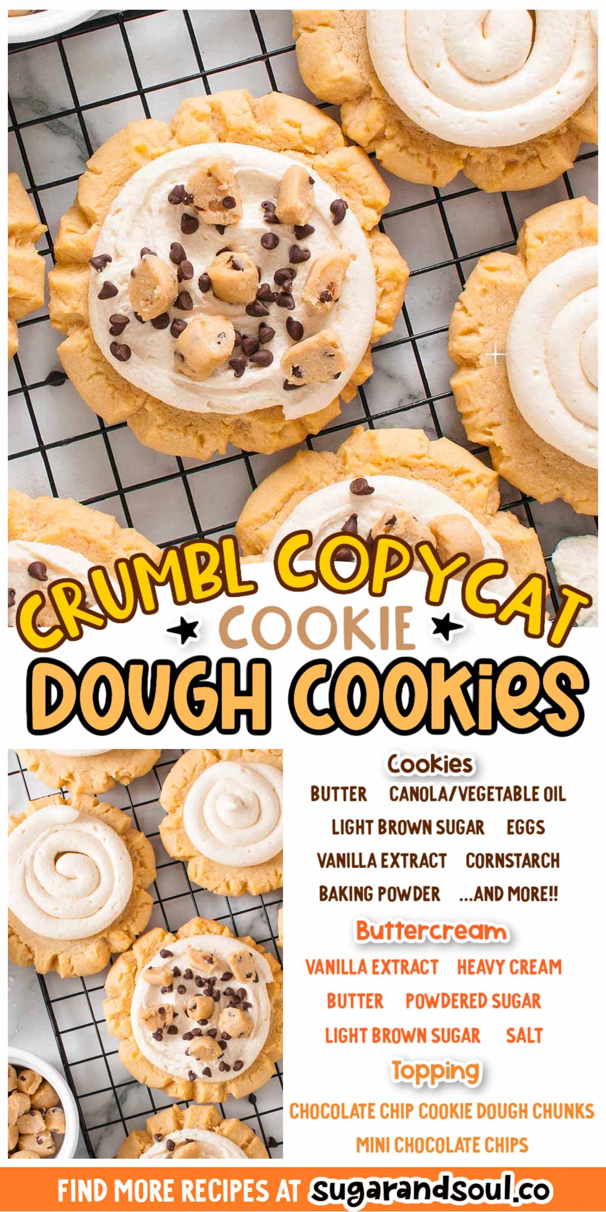 This Cookie Dough Cookies Crumbl copycat recipe makes rich, sweet cookies that are topped with buttercream frosting and edible cookie dough! Make a batch from start to finish in just over an hour! via @sugarandsoulco