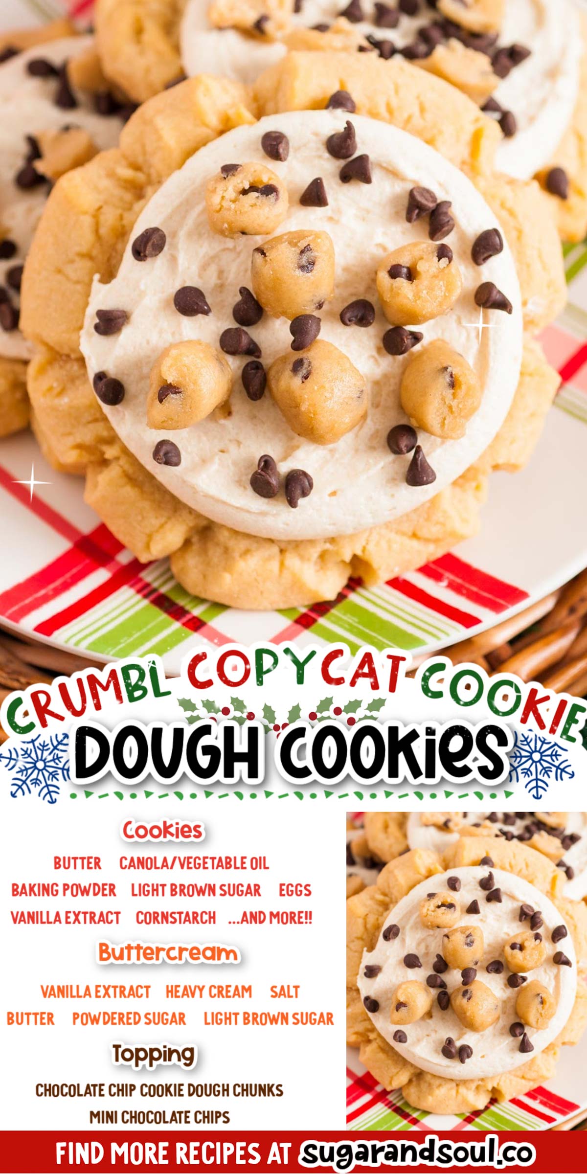 This Cookie Dough Cookies Crumbl copycat recipe makes rich, sweet cookies that are topped with buttercream frosting and edible cookie dough! Make a batch from start to finish in just over an hour! via @sugarandsoulco