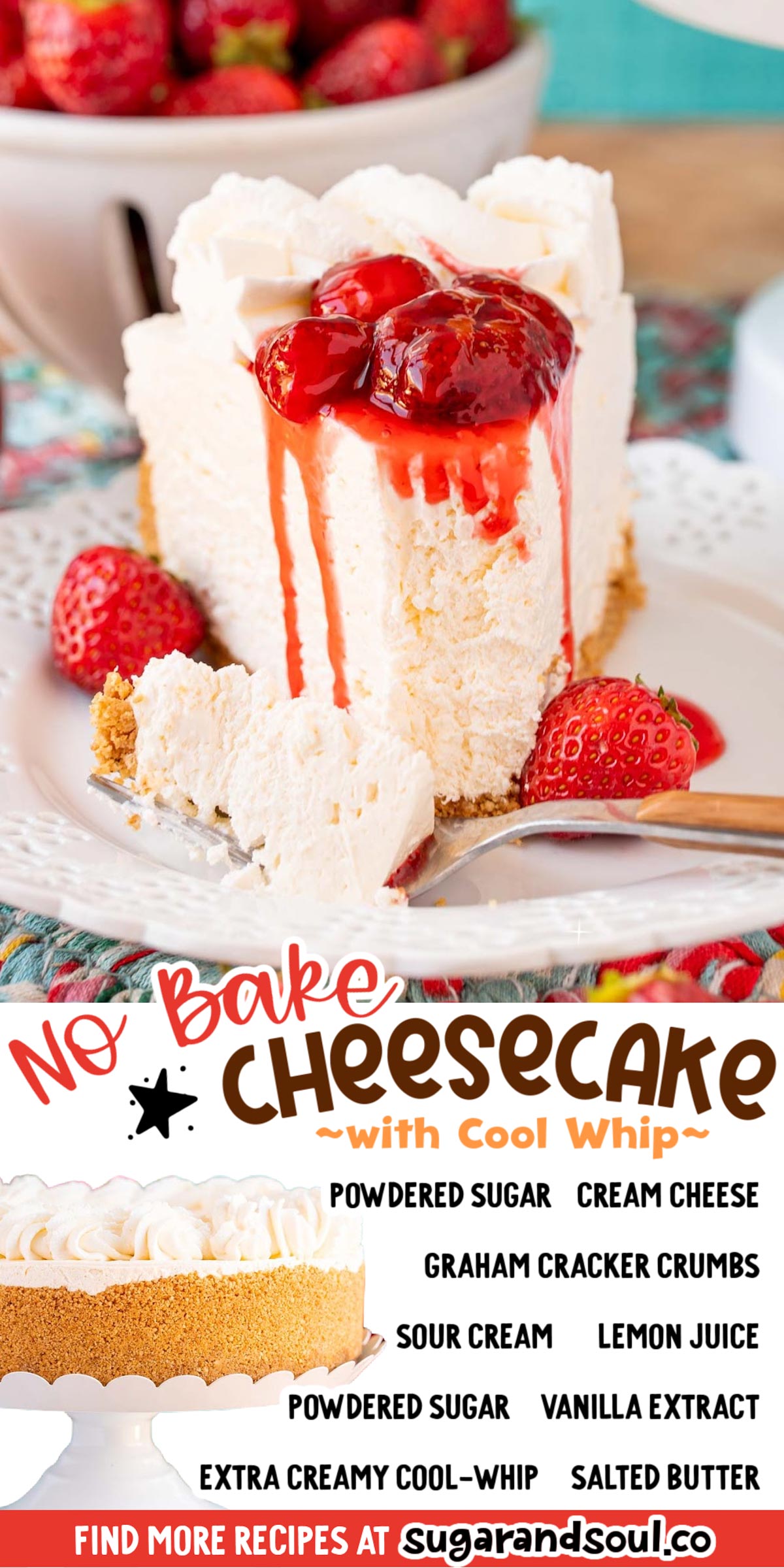 No Bake Cheesecake is prepped in just 20 minutes using ingredients like extra creamy cool whip, powdered sugar, and cream cheese! Provides a dozen thick, fluffy, and creamy slices! via @sugarandsoulco
