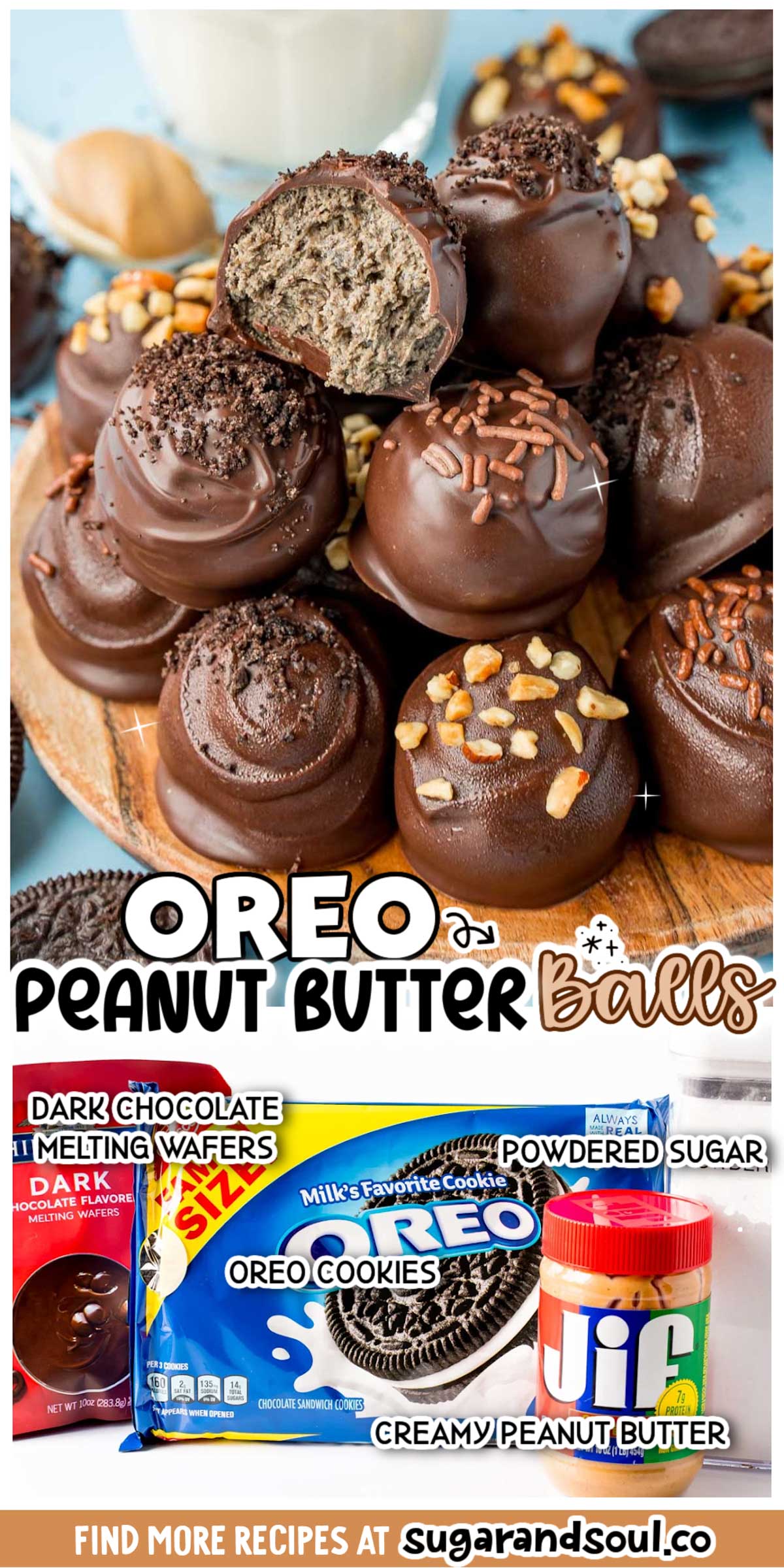 Oreo Peanut Butter Balls have an easy 3-ingredient filling that's formed into fun bite sizes before being dipped into melted dark chocolate! Prep a batch in only 30 minutes! via @sugarandsoulco
