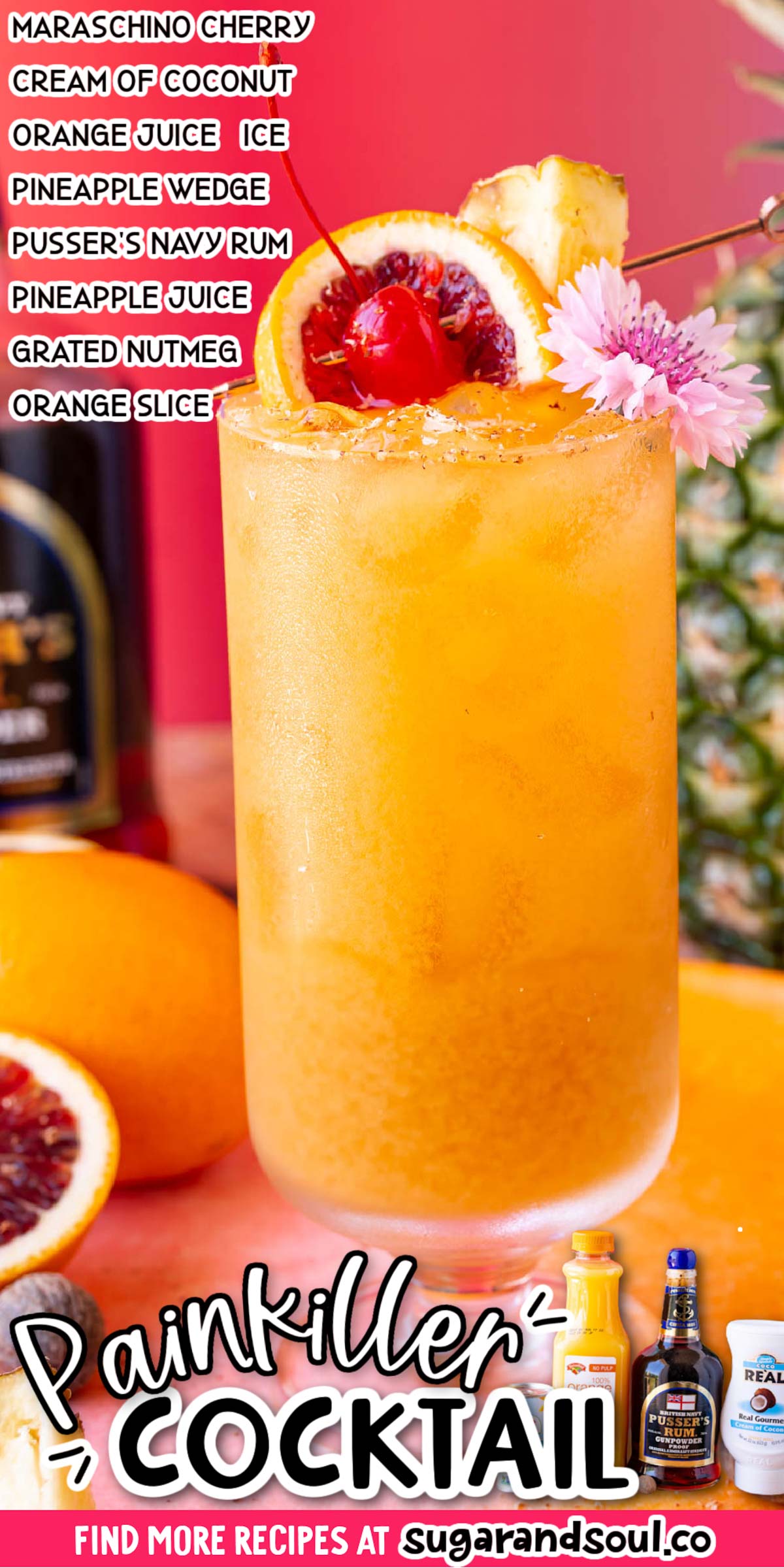 This Painkiller Cocktail is made with pineapple juice, orange juice, cream of coconut, and aged rum in just 3 minutes! A fruity, tropical drink that you'll want in your hand all summer long! via @sugarandsoulco