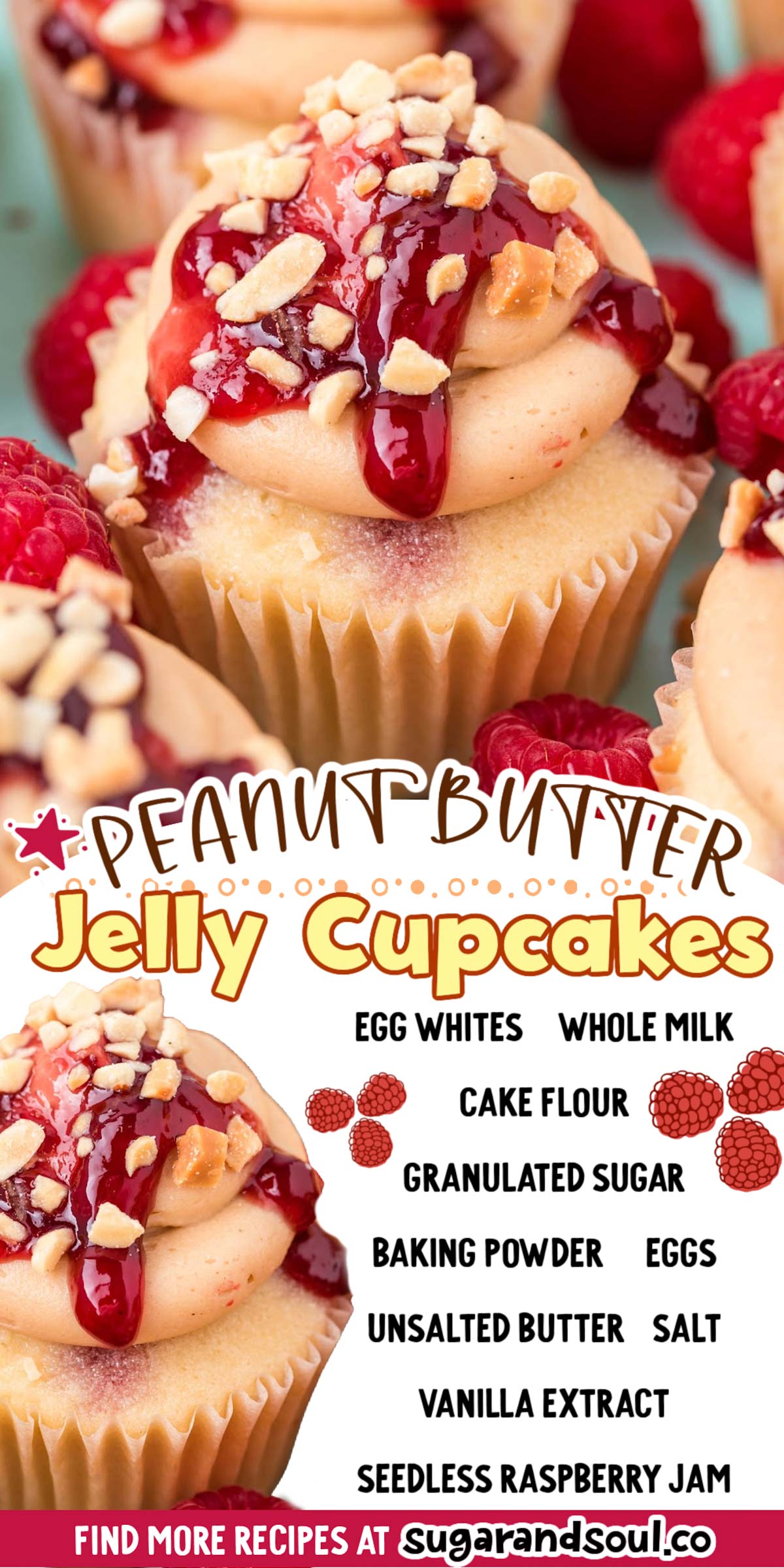 Peanut Butter and Jelly Cupcakes encompass raspberry filling inside of a vanilla cupcake that's then covered in creamy peanut butter frosting and peanuts! It tastes just like a PB&J Sandwich! via @sugarandsoulco