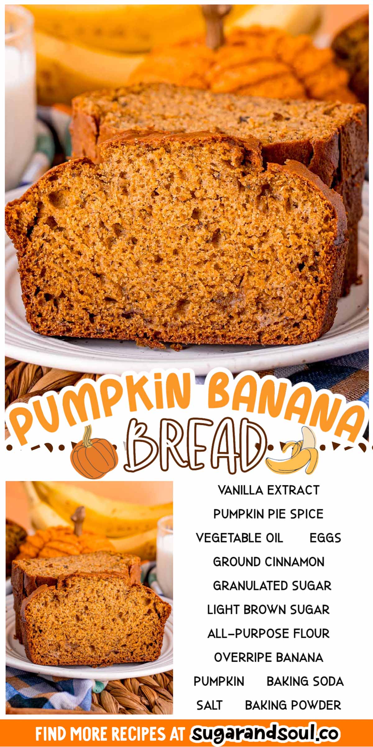 This Pumpkin Banana Bread is a moist, cozy quick bread recipe that's made with over-ripe bananas, canned pumpkin, and delicious fall spices!  via @sugarandsoulco