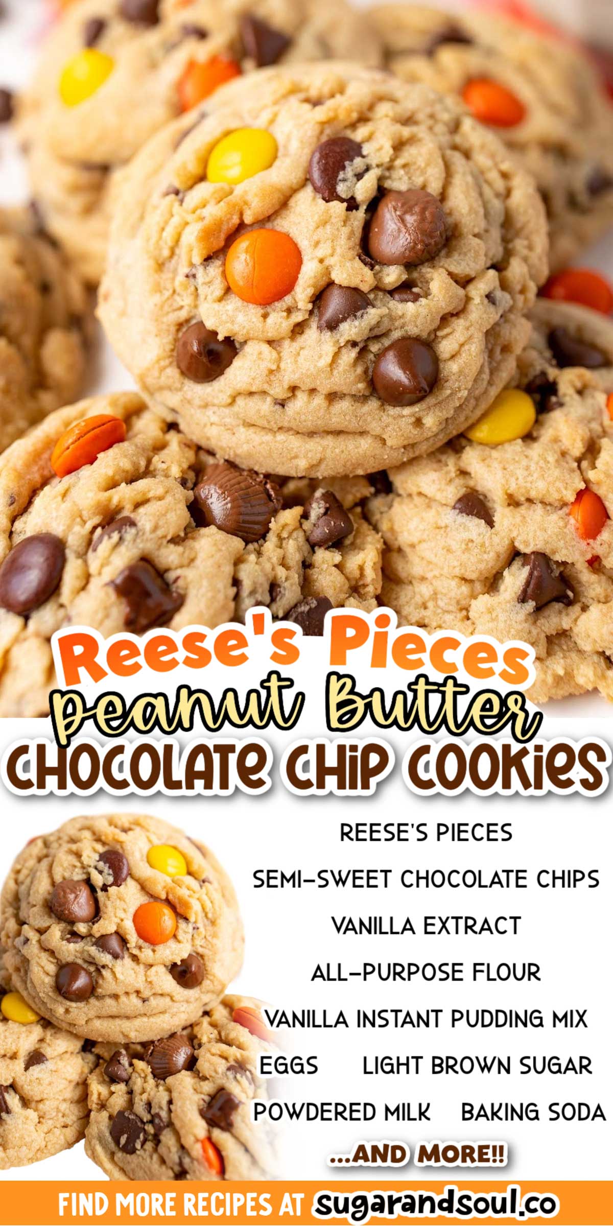 These Reese's Pieces Peanut Butter Cookies pair creamy peanut butter with vanilla instant pudding mix and pantry staple ingredients! Each batch takes just 10 minutes to bake up to golden brown perfection! via @sugarandsoulco