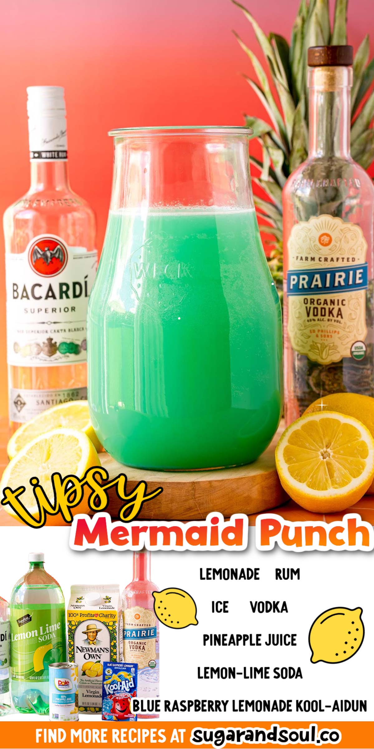 This Tipsy Mermaid Punch is a delicious batch cocktail made with a mix of Kool-Aid, lemonade, pineapple juice, soda, rum, and vodka! Making this a great addition to any pool party or backyard bash! via @sugarandsoulco