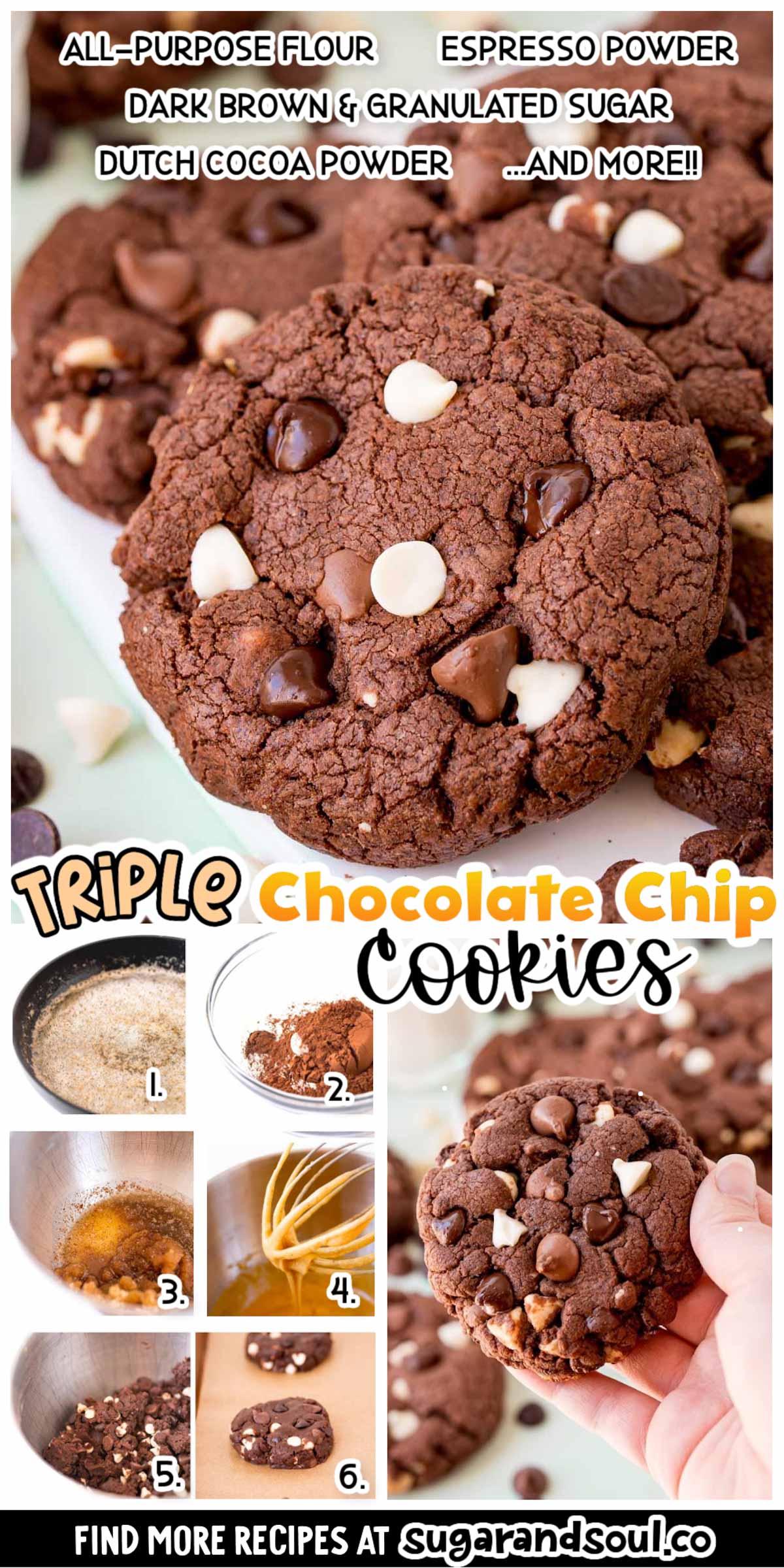 Triple Chocolate Chip Cookies are made with espresso powder and Dutch-processed cocoa powder, giving them incredibly deep, rich flavor! Made with three kinds of chocolate chips - dark, milk, and white chocolate! via @sugarandsoulco
