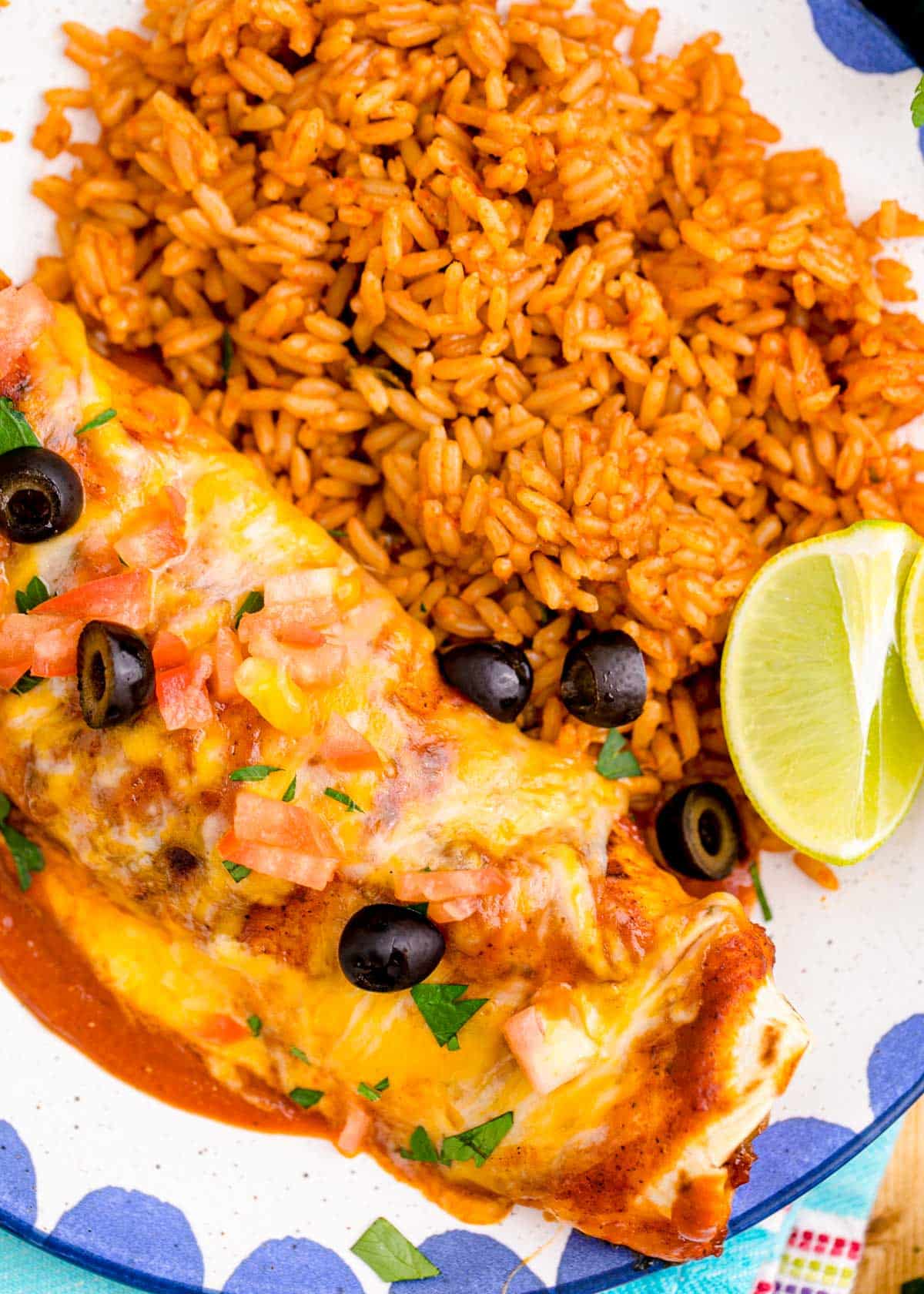 Close up of chicken enchiladas on a plate with rice.