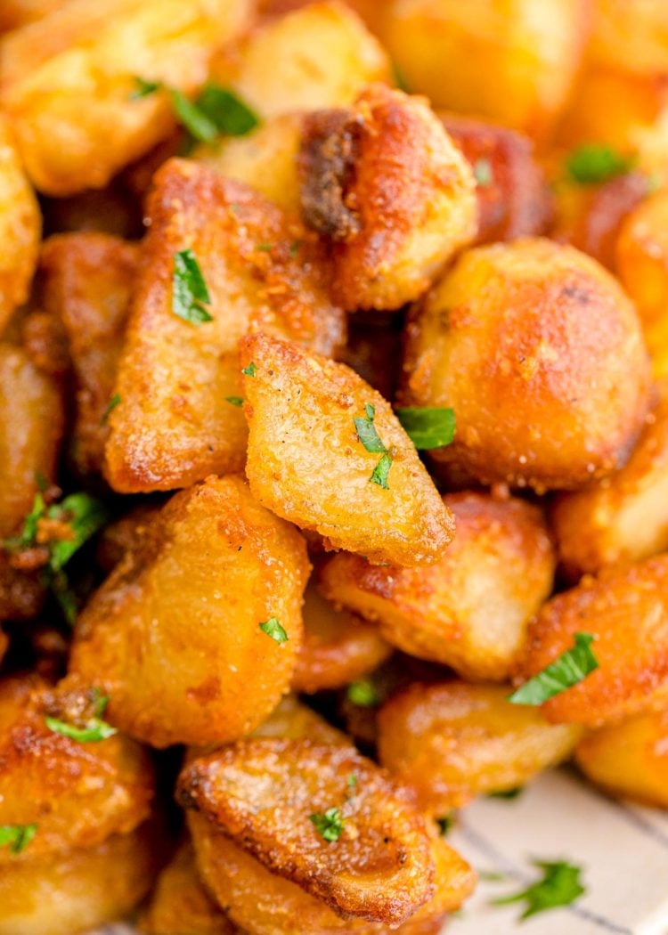 Overhead photo of roasted duck fat potatoes.