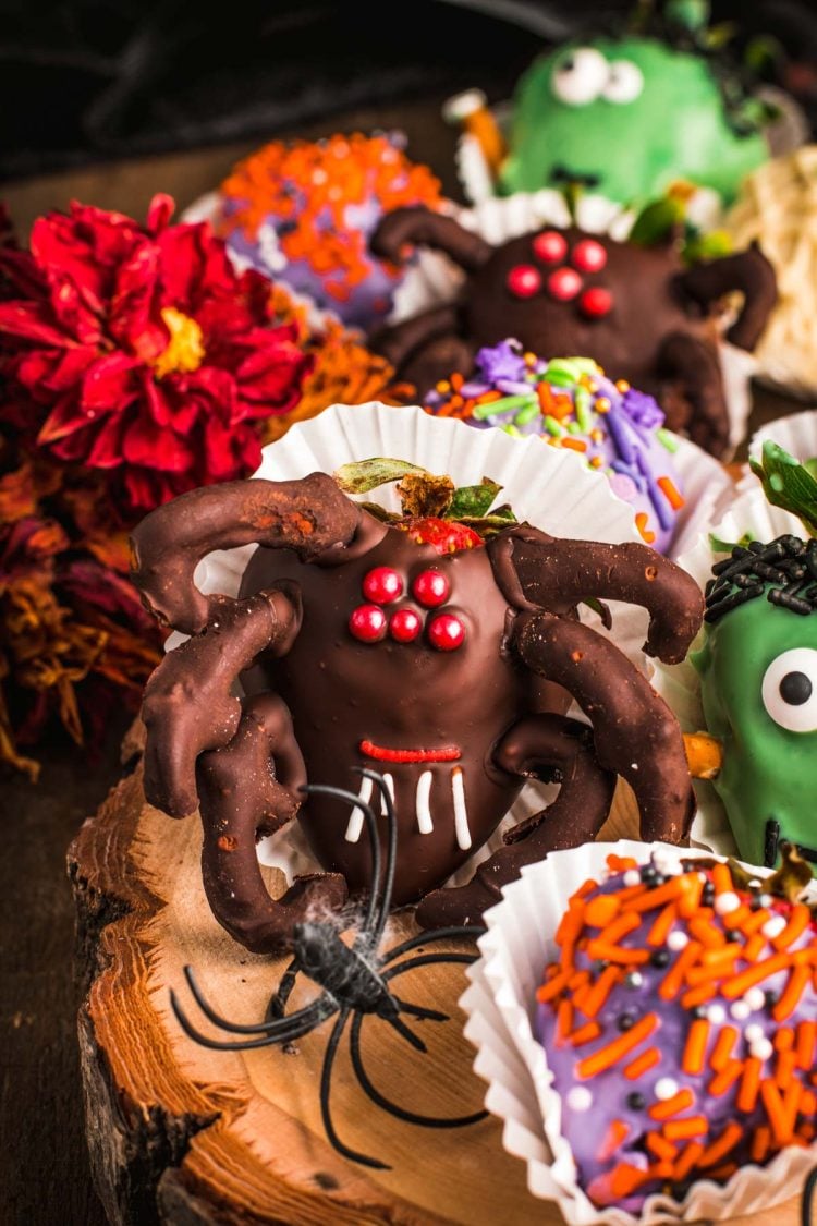 Halloween decorated strawberries - close u of a spider strawberry.