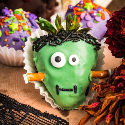 A Frankenstein decorated strawberry.