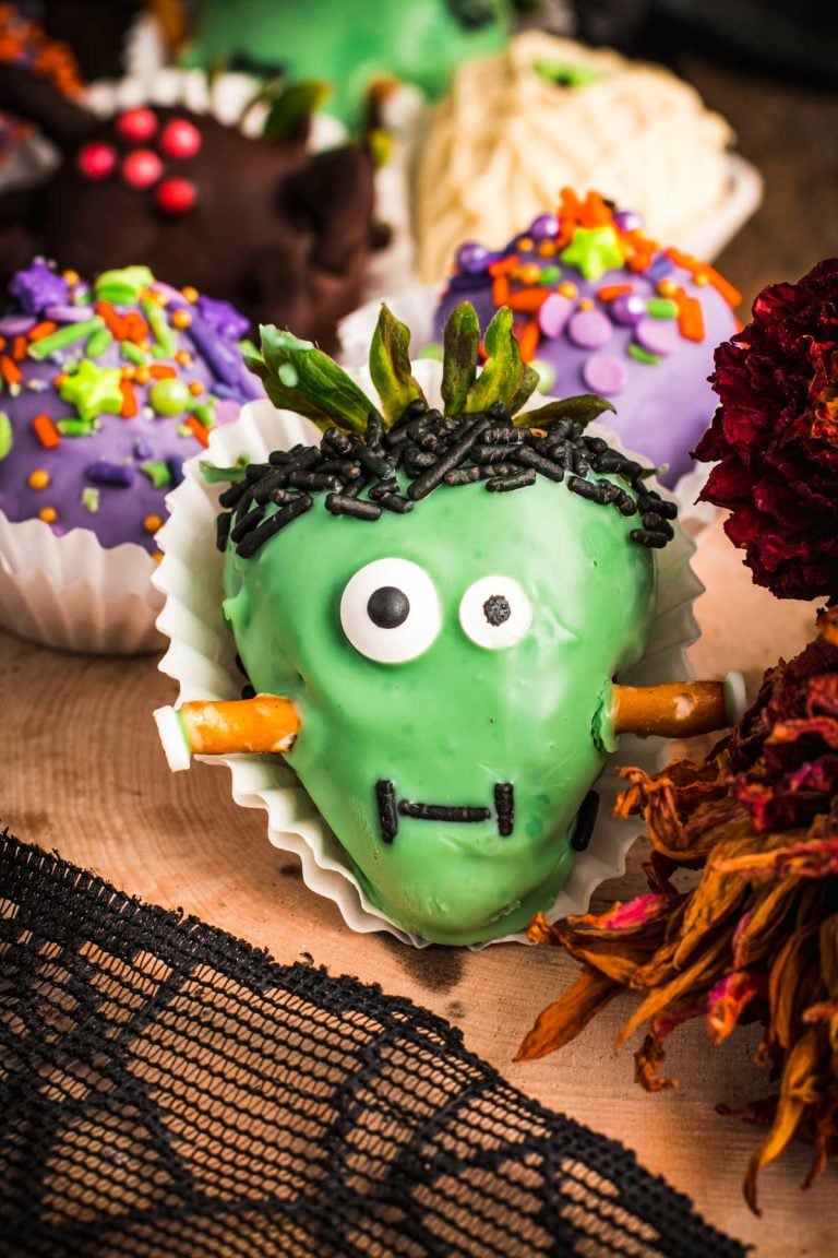 A Frankenstein decorated strawberry.