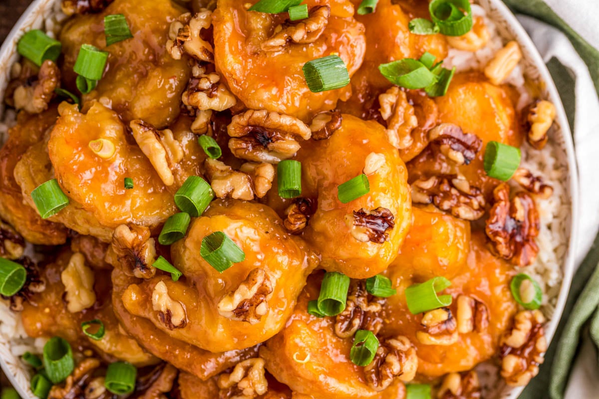 Honey Walnut Shrimp in a bowl over rice.