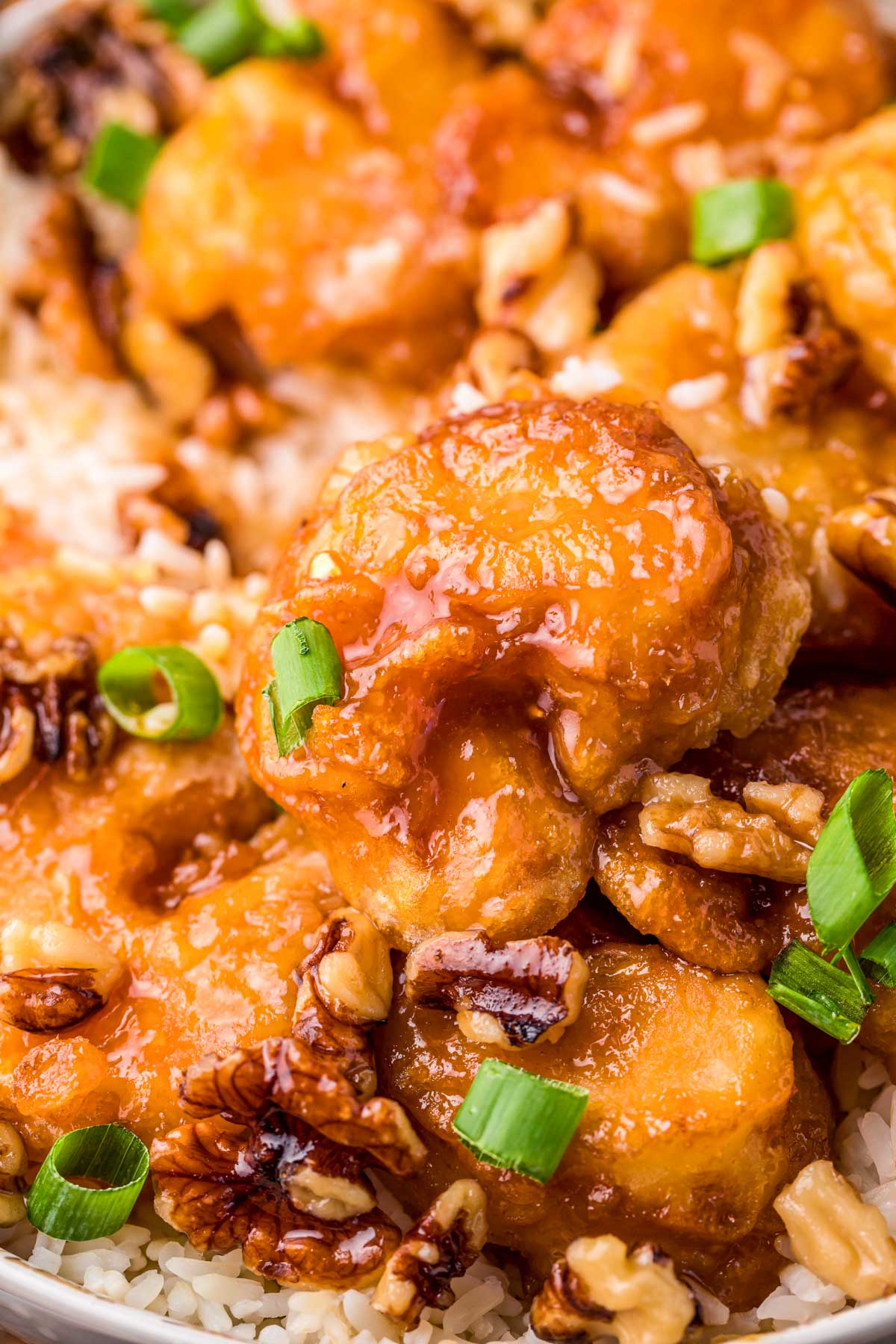 Close up of honey walnut shrimp.