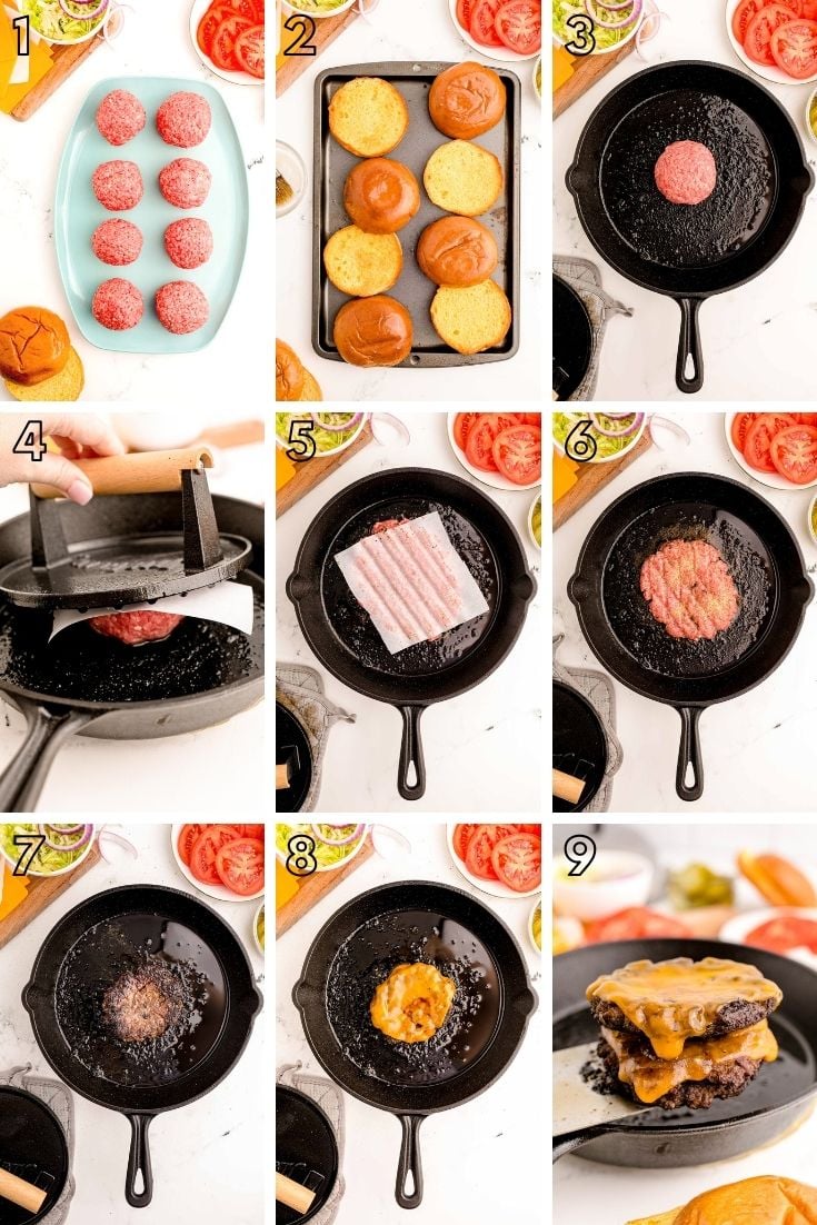 Step-by-step photo collage showing how to make smash burgers at home.