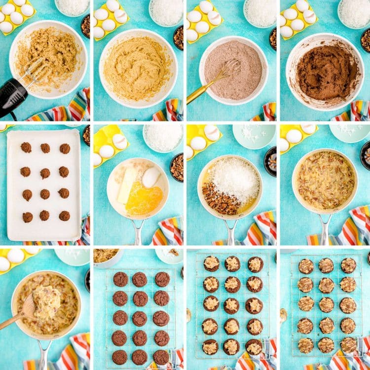 Step by step photo collage showing how to make german chocolate cake cookies.