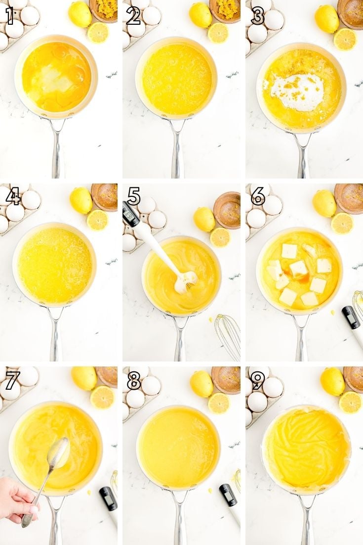 Step by step photo collage showing how to make lemon curd.