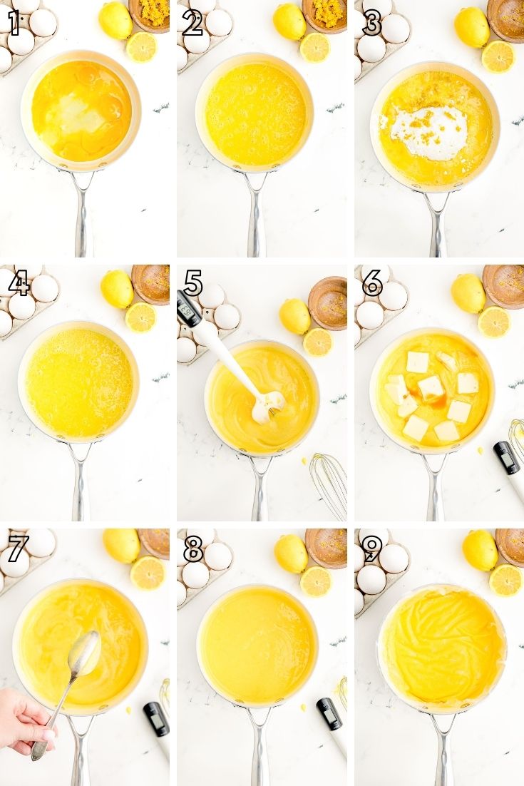 Step by step photo collage showing how to make lemon curd.