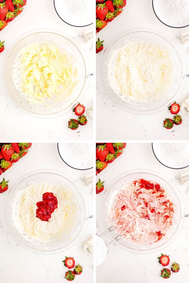 Step-by-step photo collage showing how to make strawberry buttercream frosting.