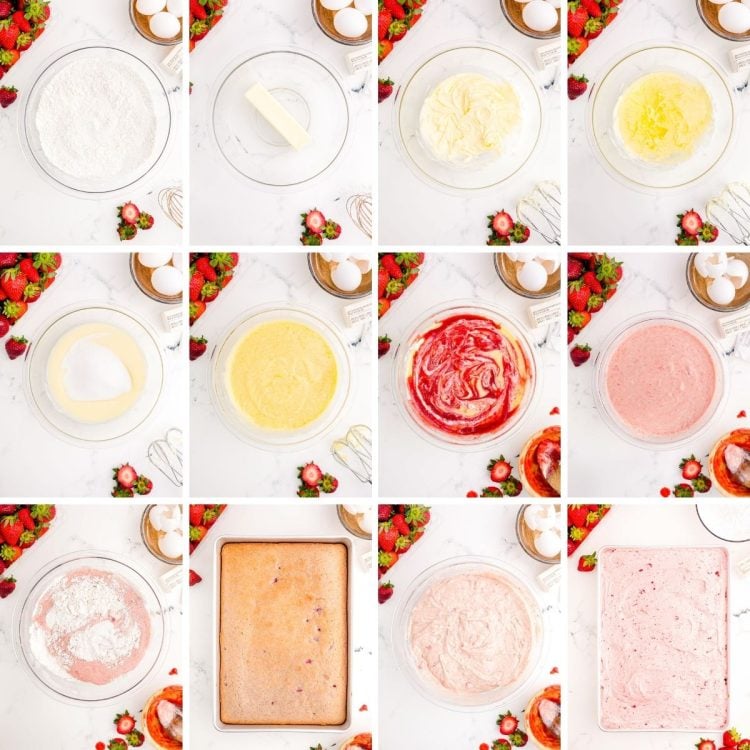 Step by step photo collage showing how to make a strawberry sheet cake from scratch.